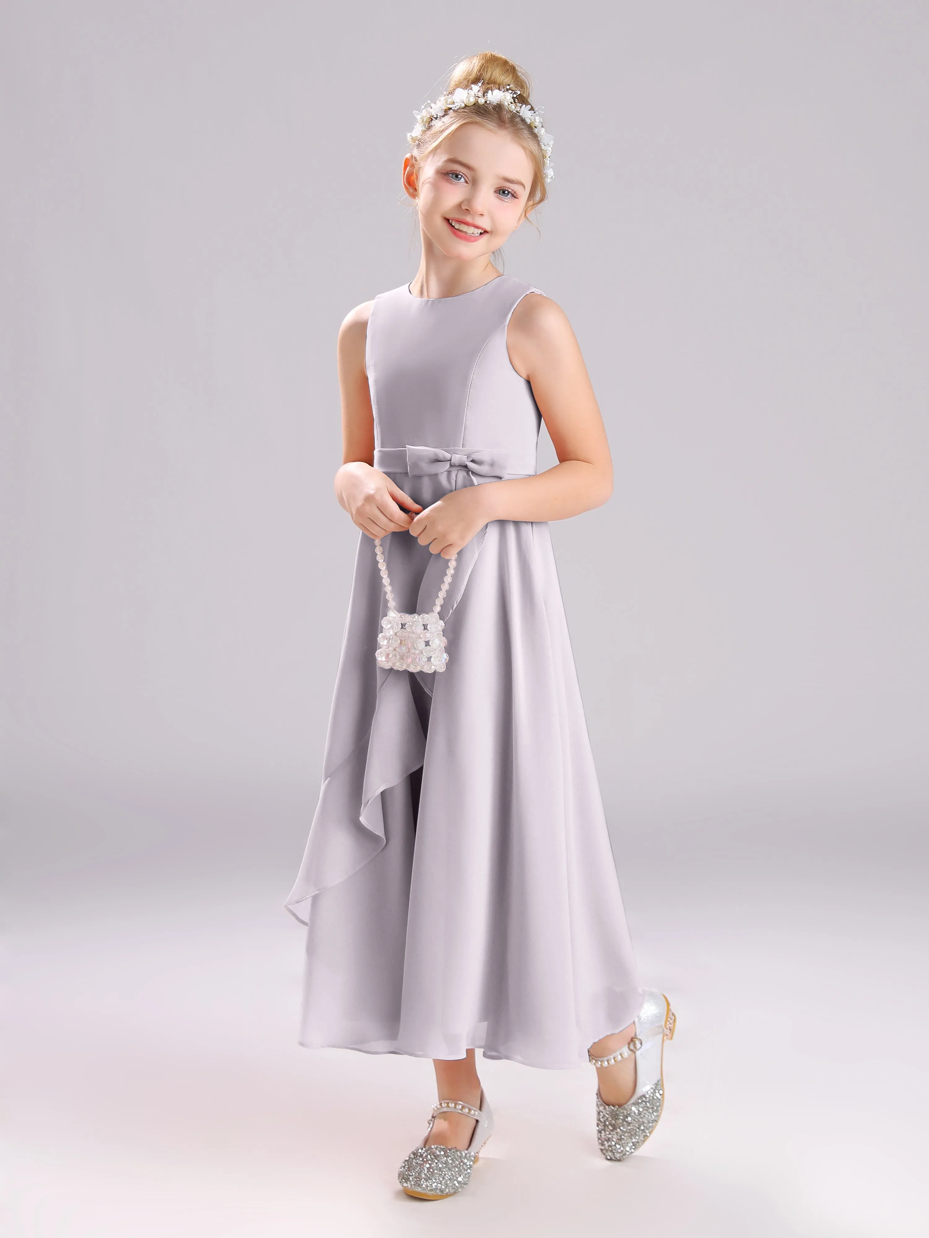 Sleeveless Jewel Long Bowknot Chiffon Junior Bridesmaid Dresses