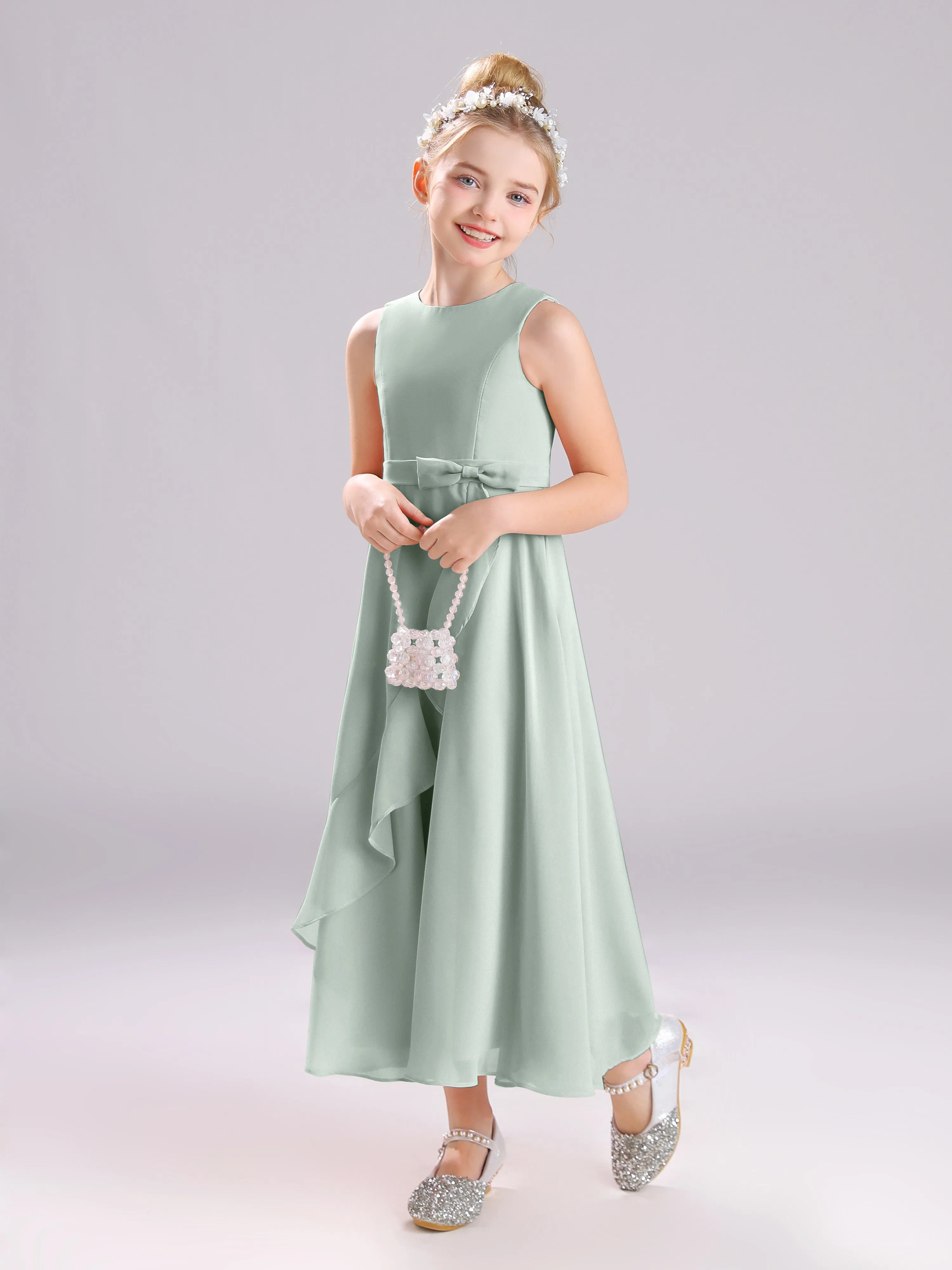 Sleeveless Jewel Long Bowknot Chiffon Junior Bridesmaid Dresses