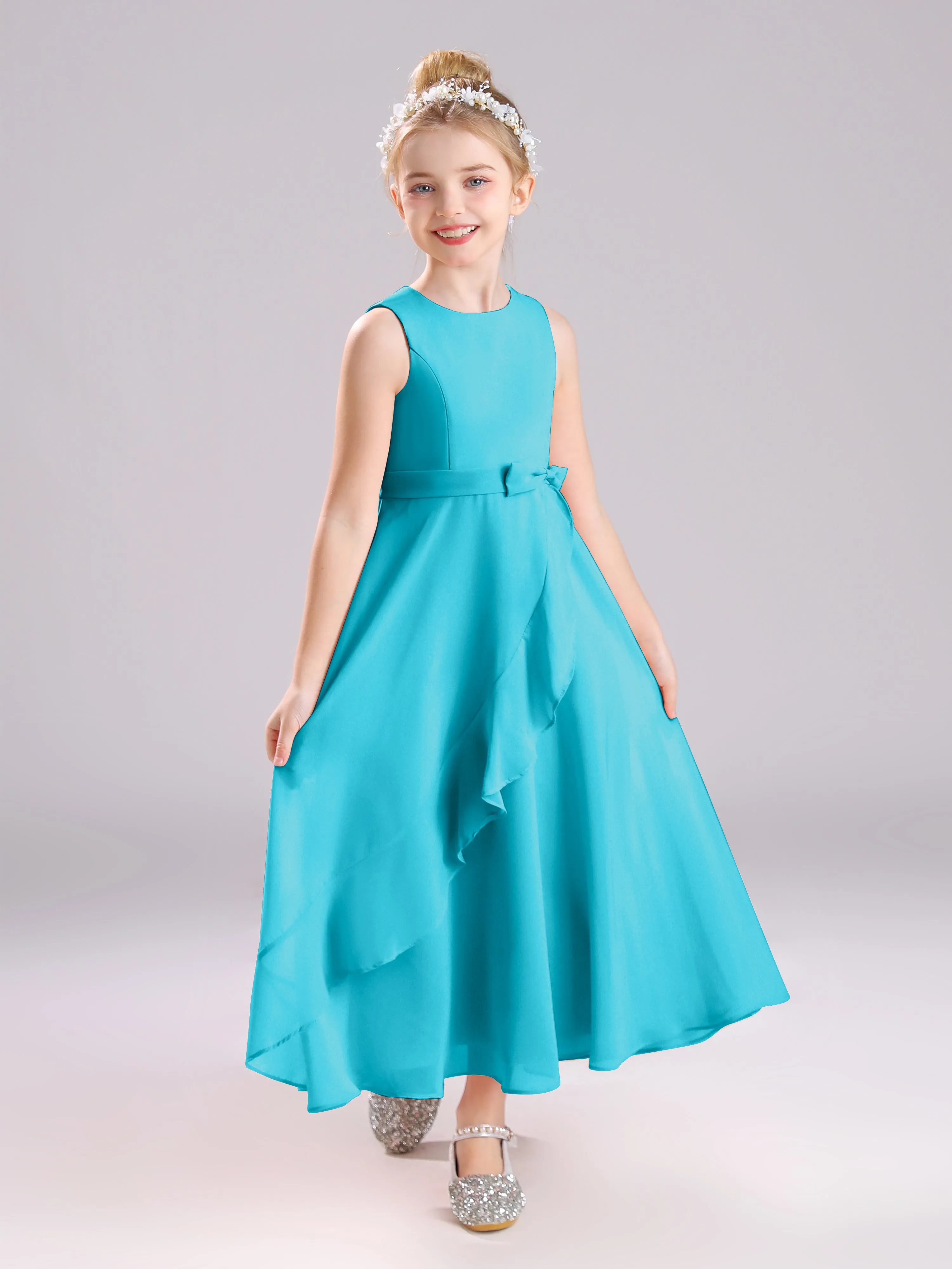 Sleeveless Jewel Long Bowknot Chiffon Junior Bridesmaid Dresses