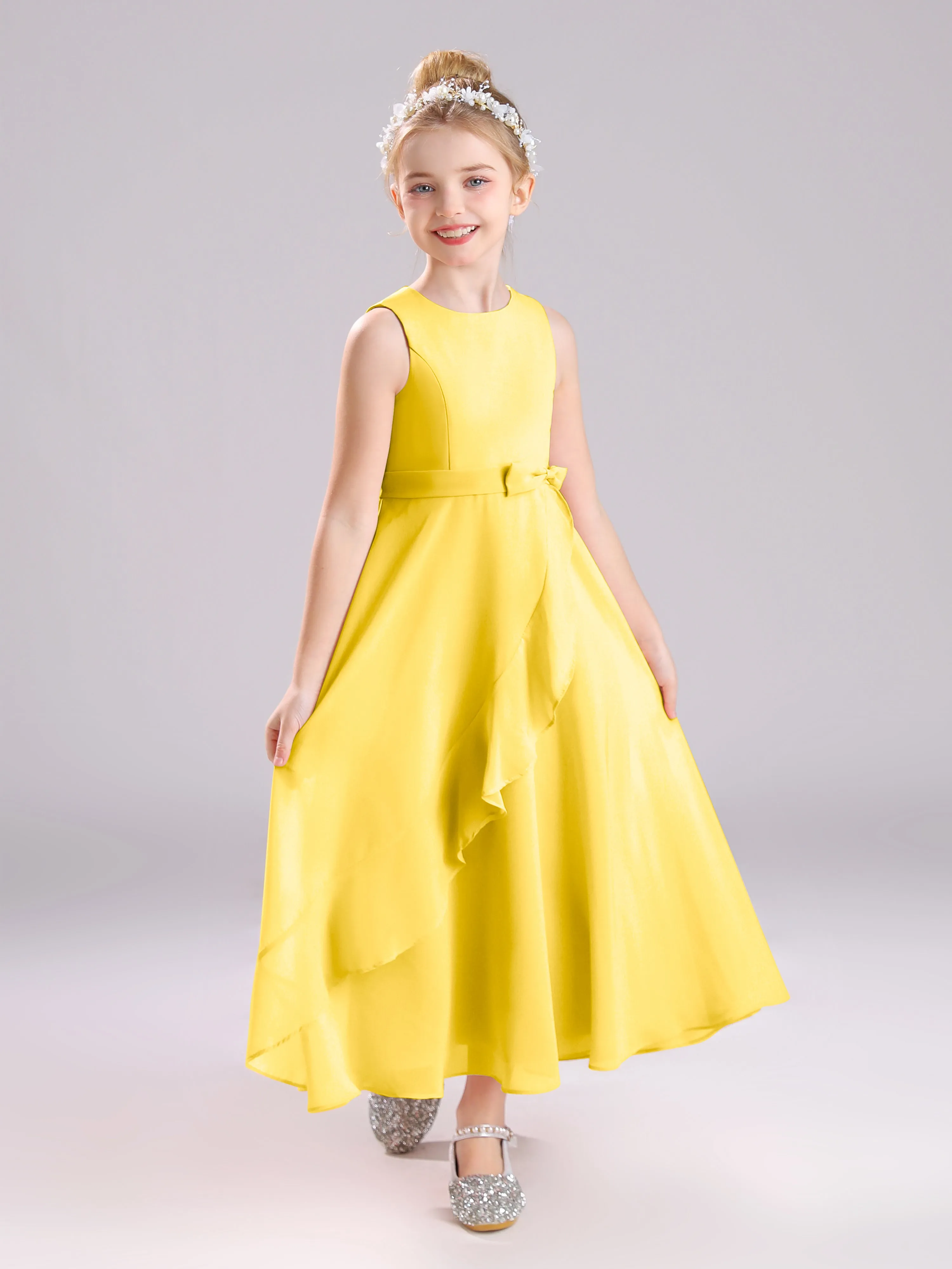 Sleeveless Jewel Long Bowknot Chiffon Junior Bridesmaid Dresses