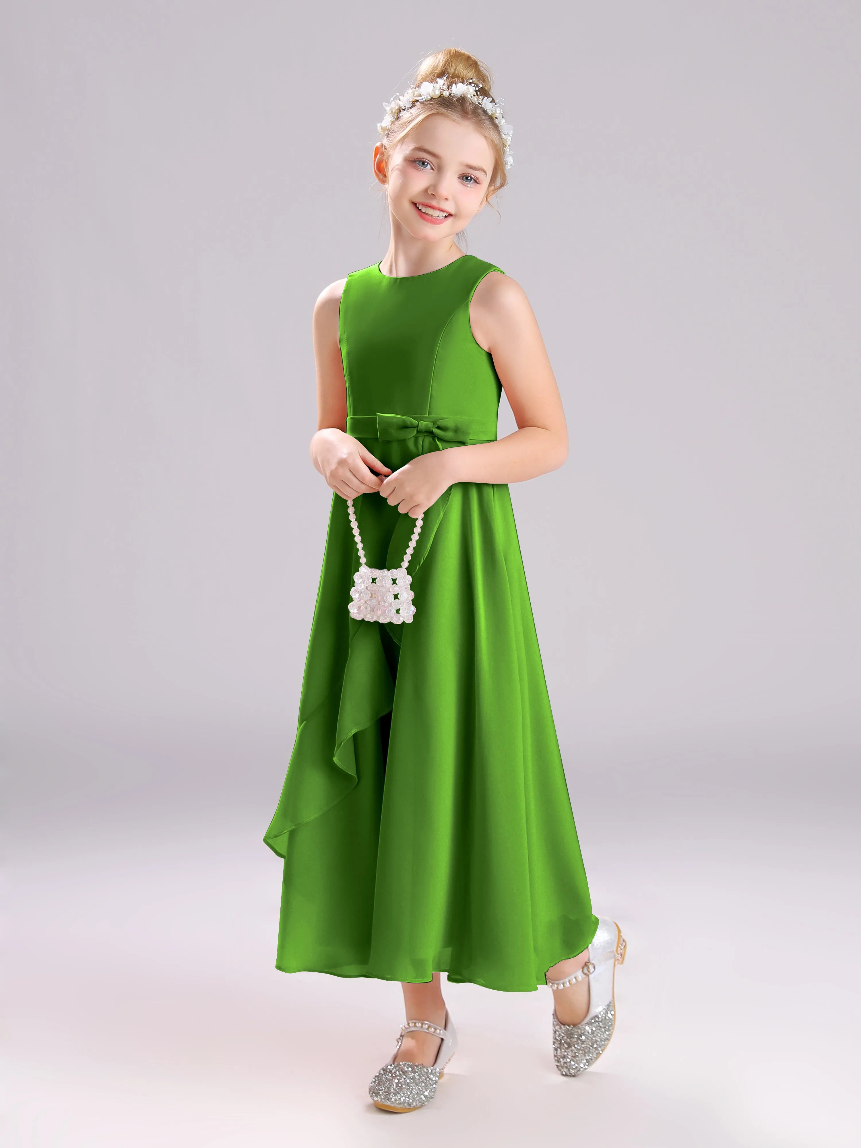 Sleeveless Jewel Long Bowknot Chiffon Junior Bridesmaid Dresses