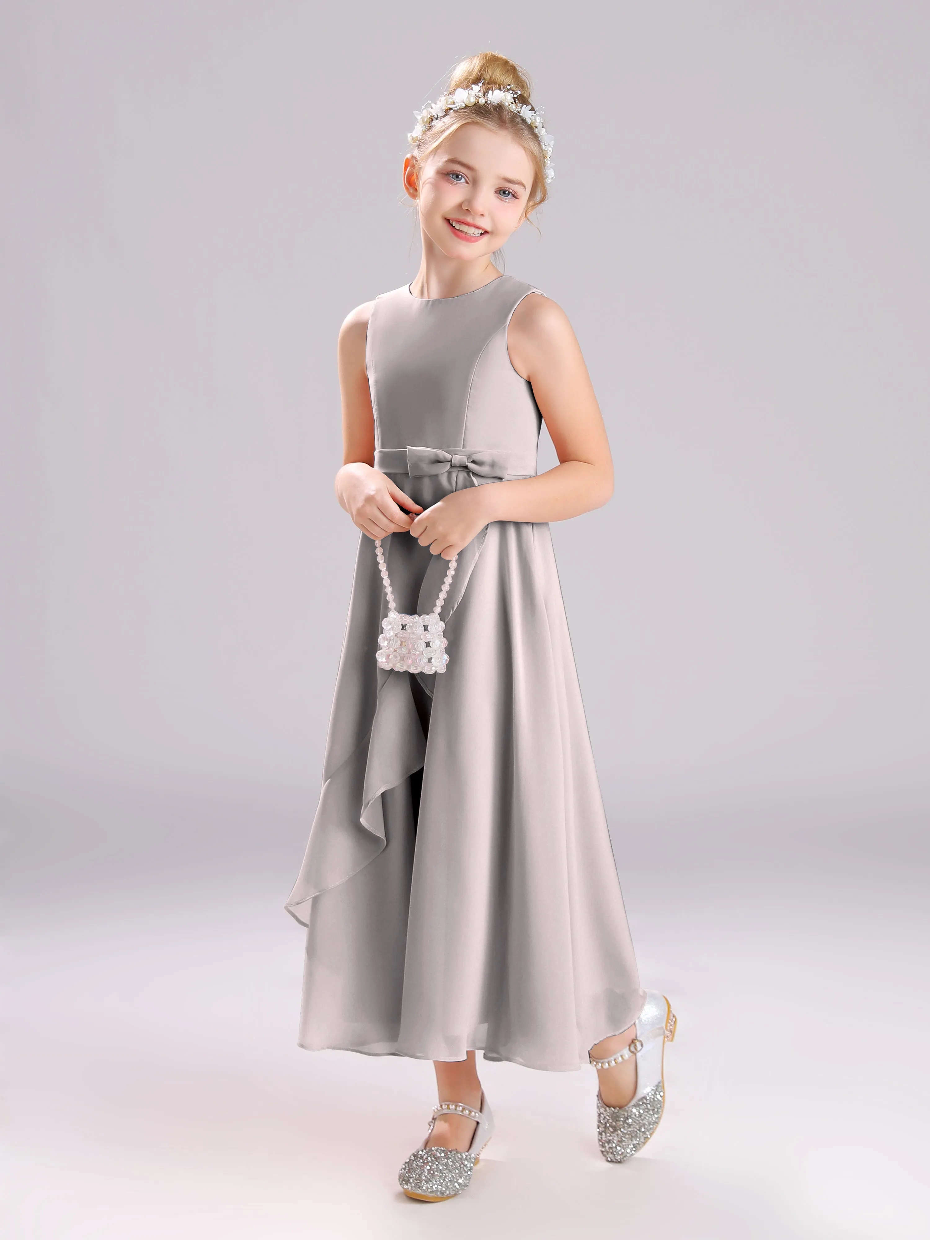 Sleeveless Jewel Long Bowknot Chiffon Junior Bridesmaid Dresses