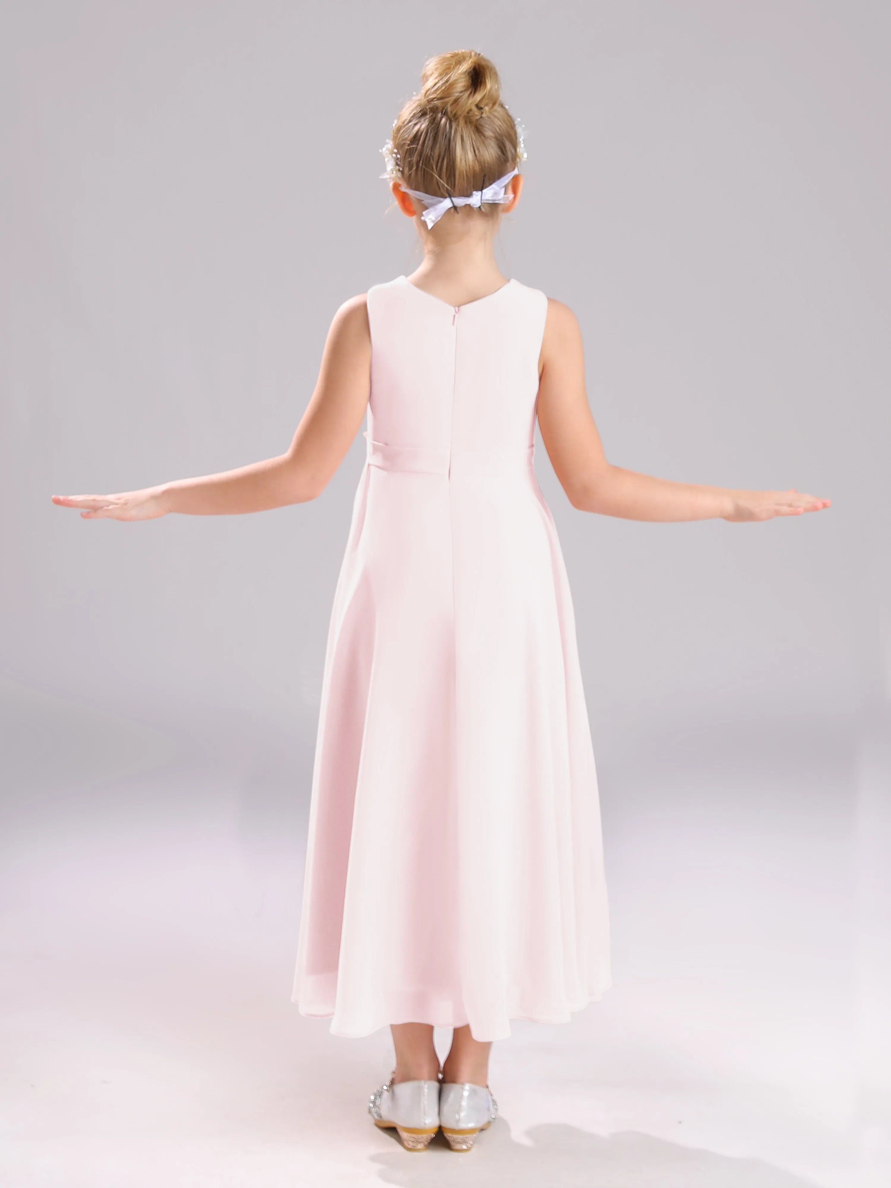 Sleeveless Jewel Long Bowknot Chiffon Junior Bridesmaid Dresses