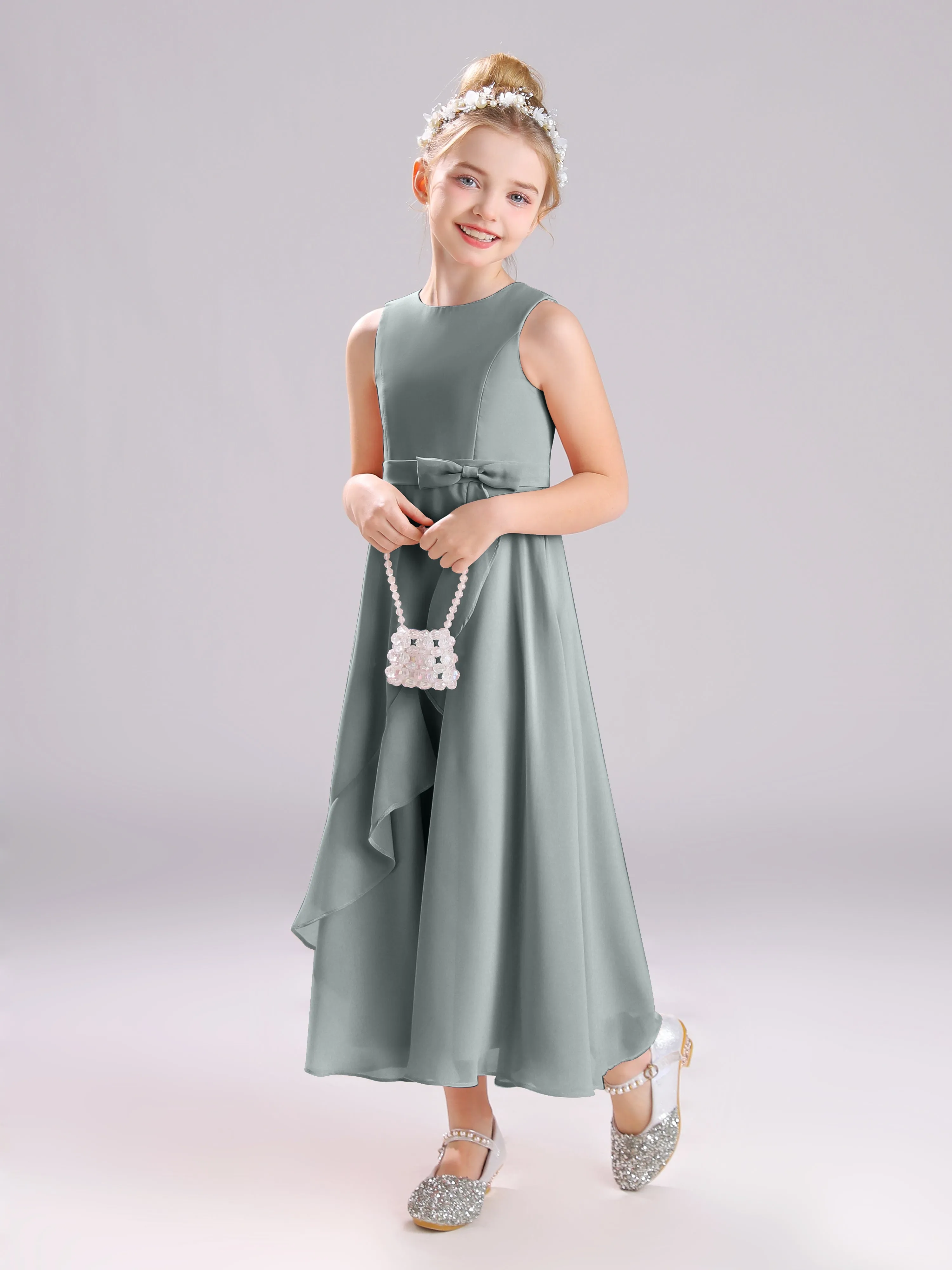 Sleeveless Jewel Long Bowknot Chiffon Junior Bridesmaid Dresses