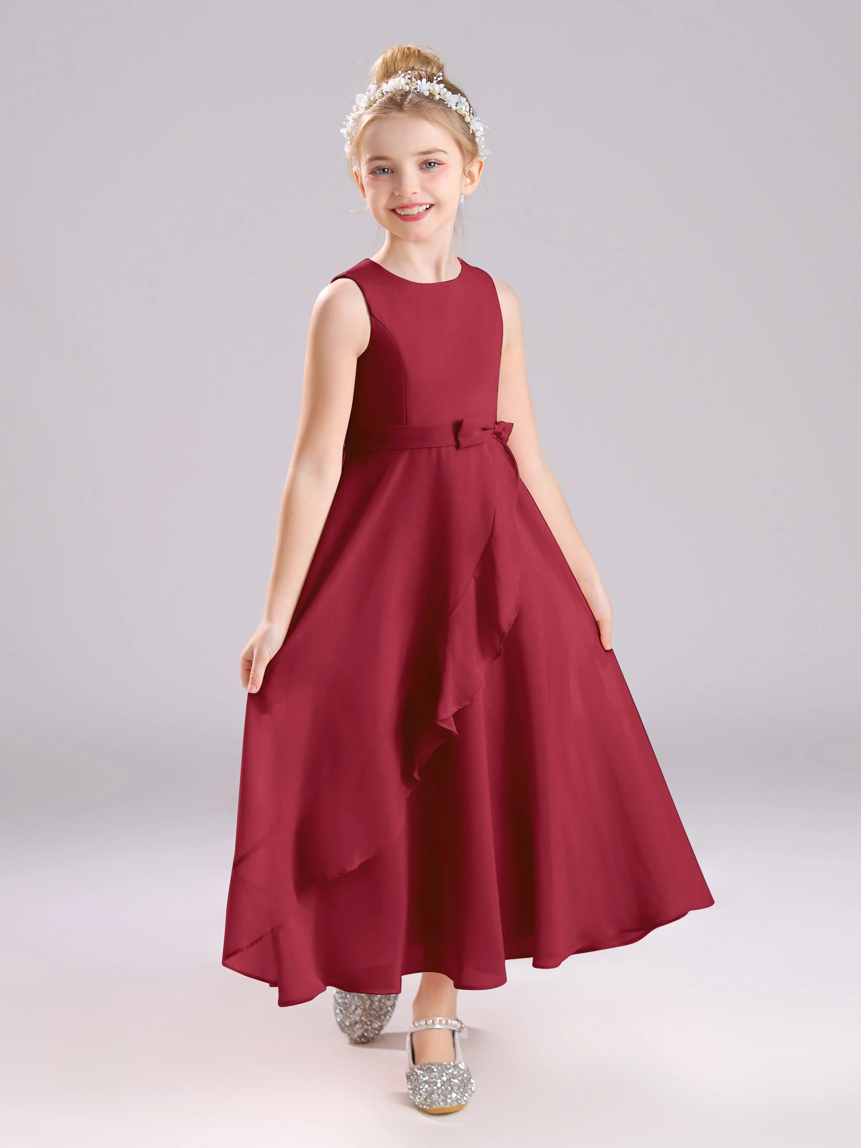 Sleeveless Jewel Long Bowknot Chiffon Junior Bridesmaid Dresses