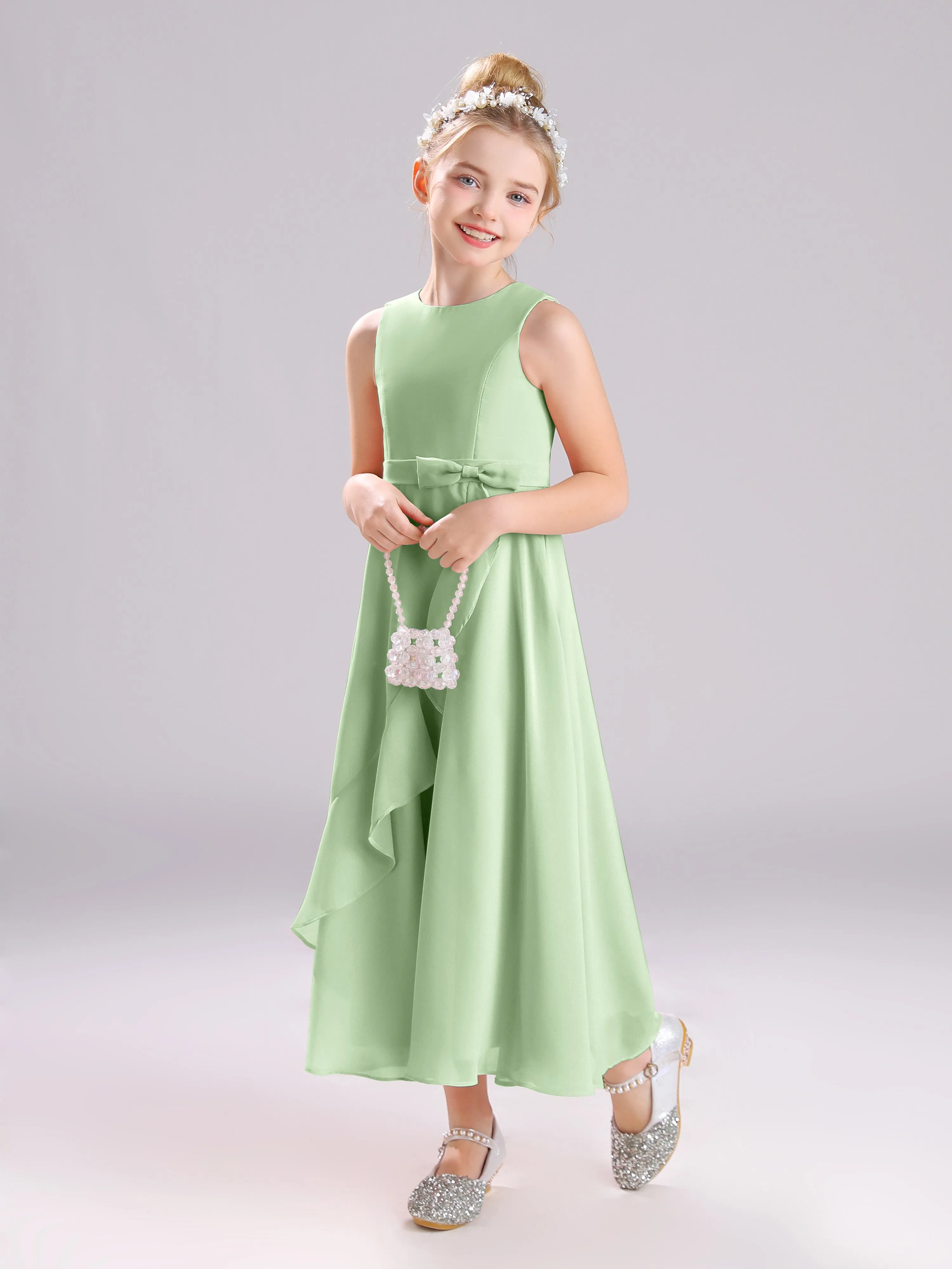 Sleeveless Jewel Long Bowknot Chiffon Junior Bridesmaid Dresses