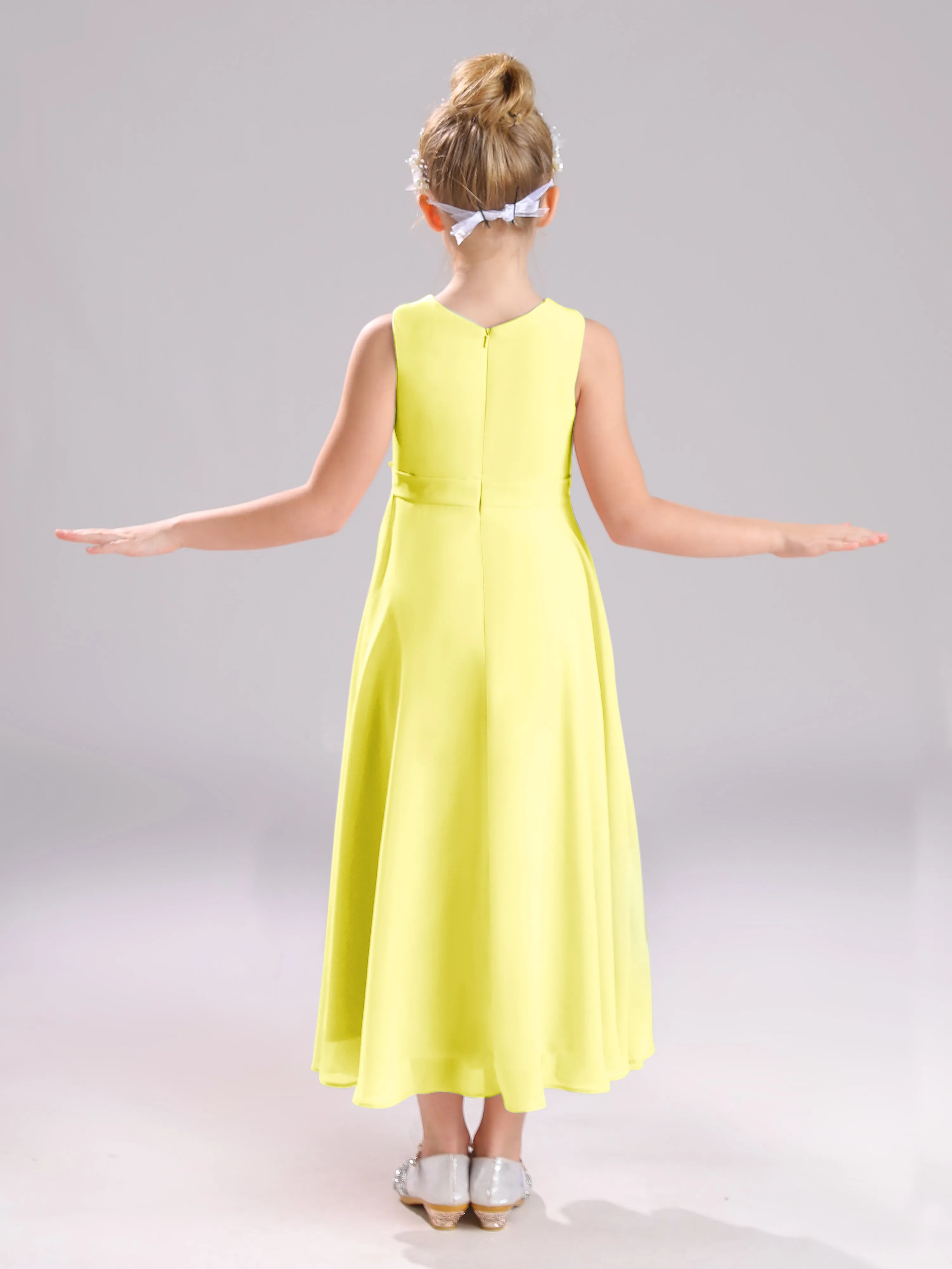 Sleeveless Jewel Long Bowknot Chiffon Junior Bridesmaid Dresses