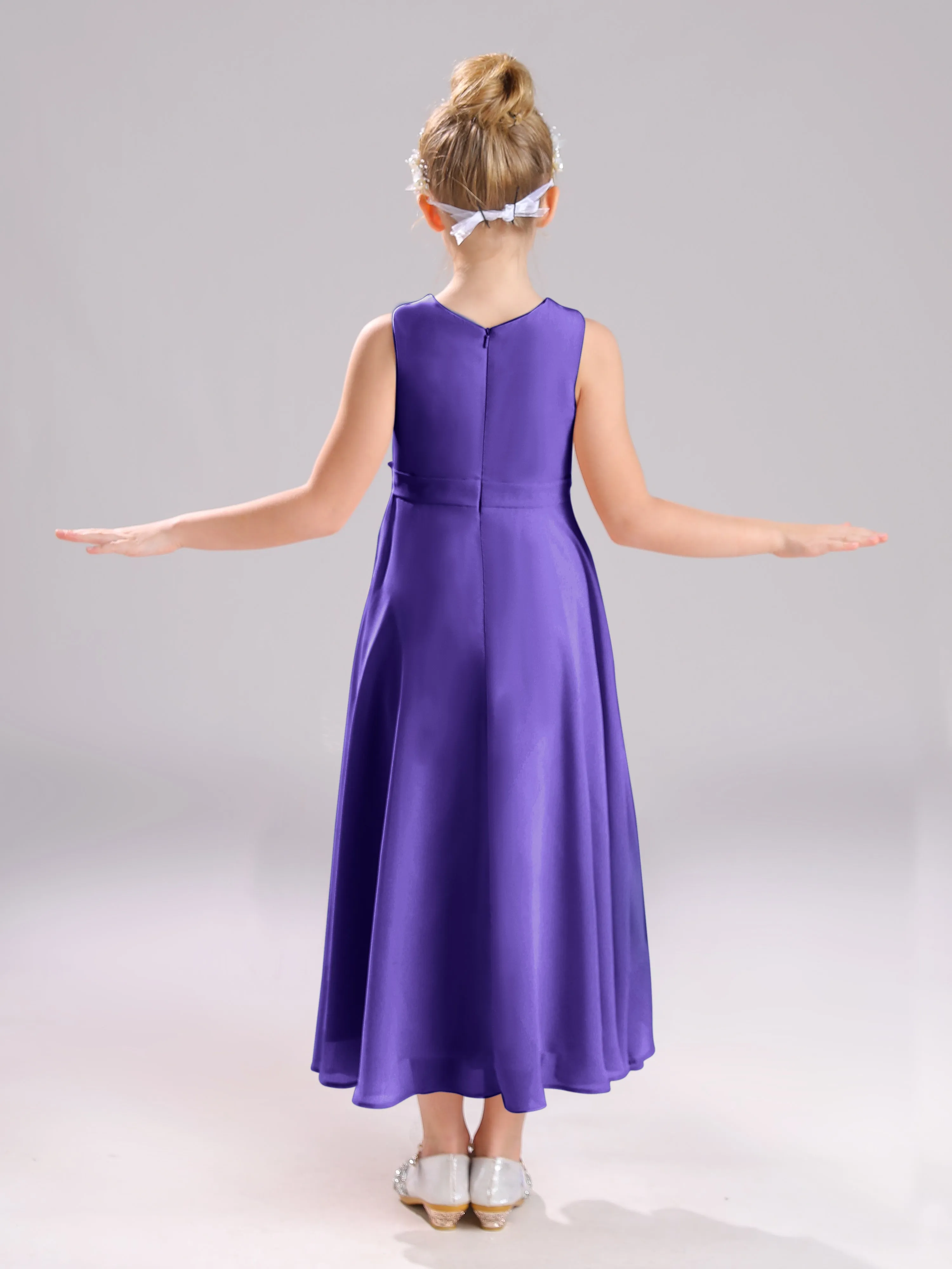 Sleeveless Jewel Long Bowknot Chiffon Junior Bridesmaid Dresses