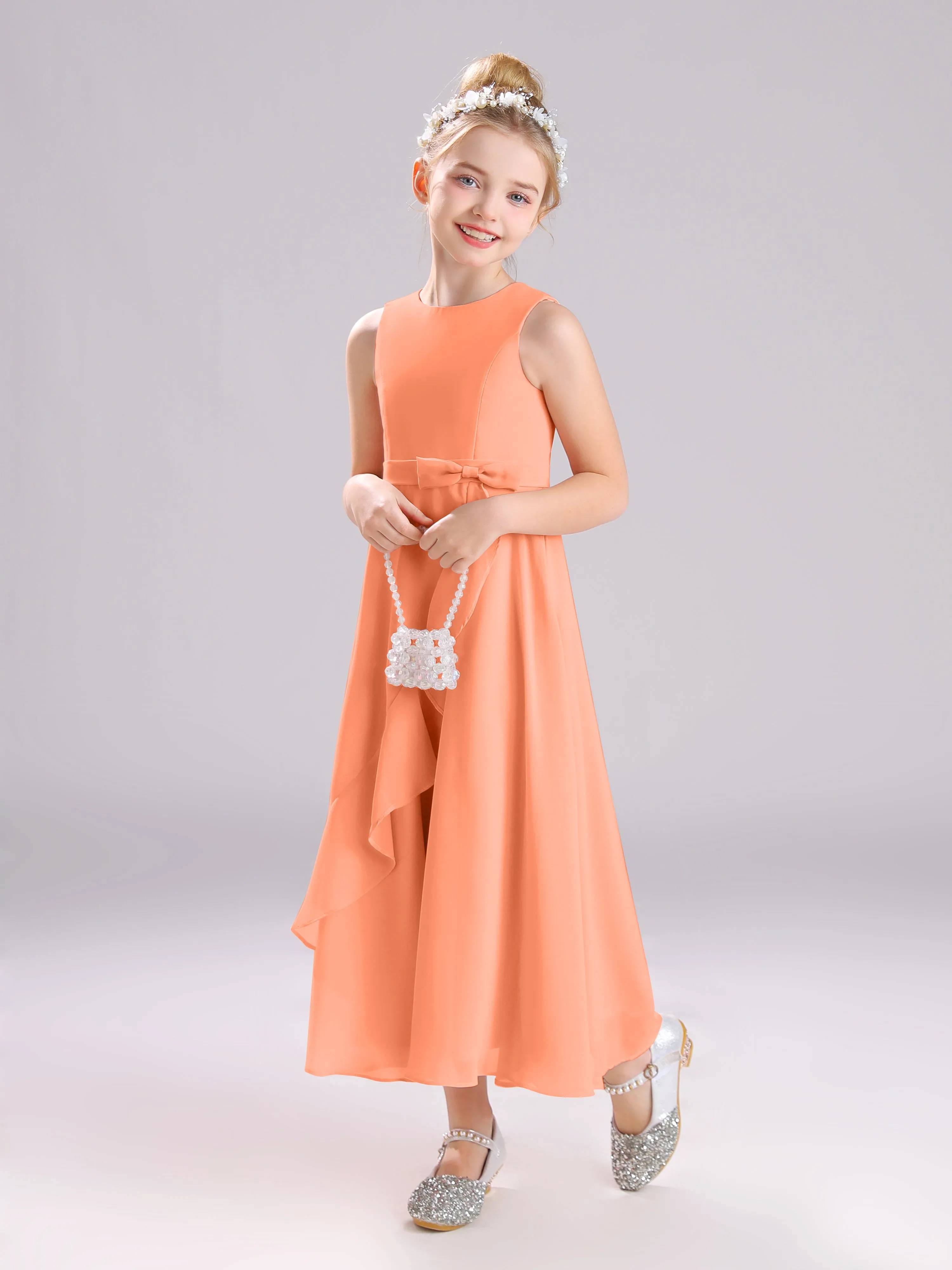 Sleeveless Jewel Long Bowknot Chiffon Junior Bridesmaid Dresses