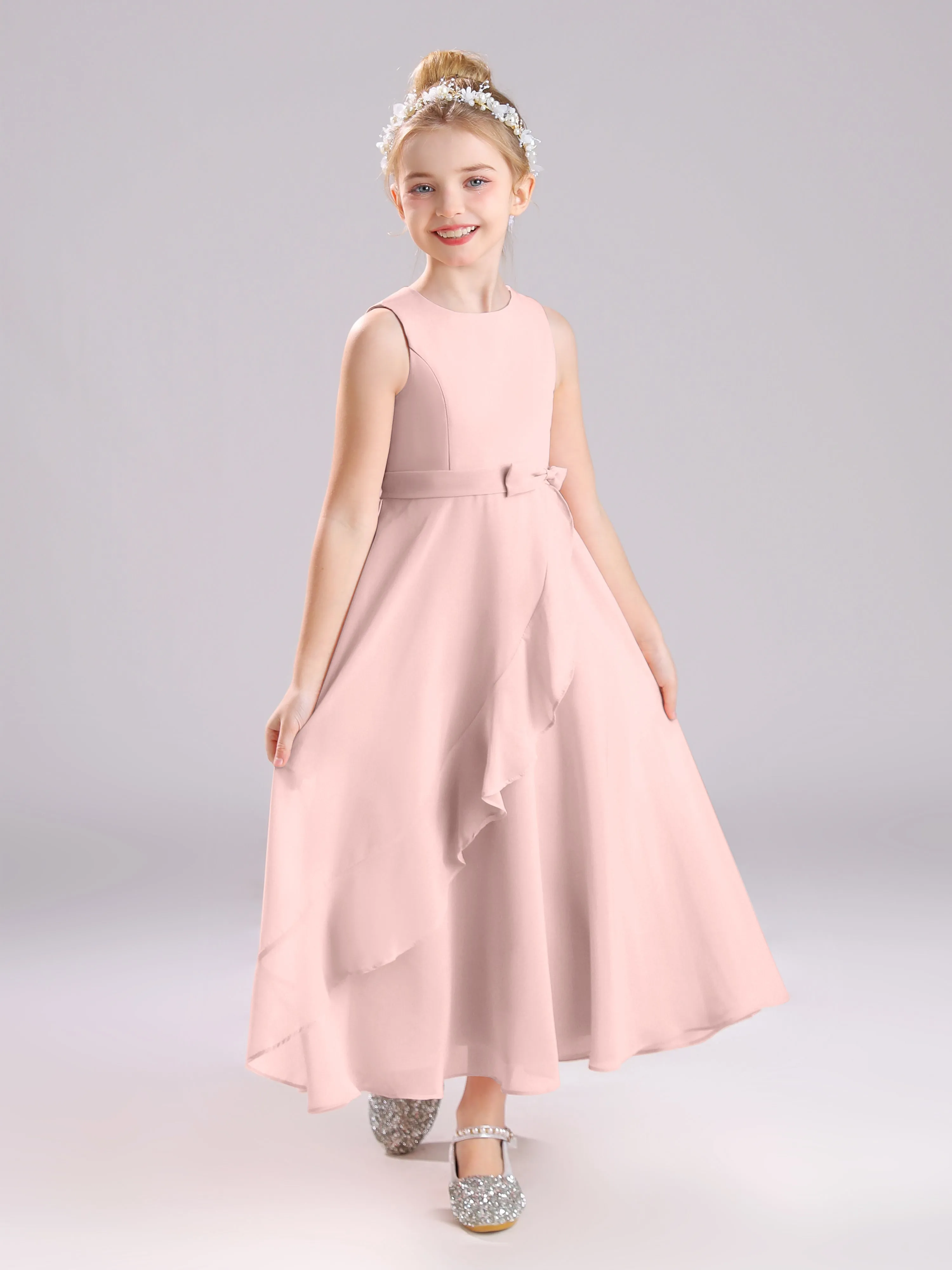 Sleeveless Jewel Long Bowknot Chiffon Junior Bridesmaid Dresses