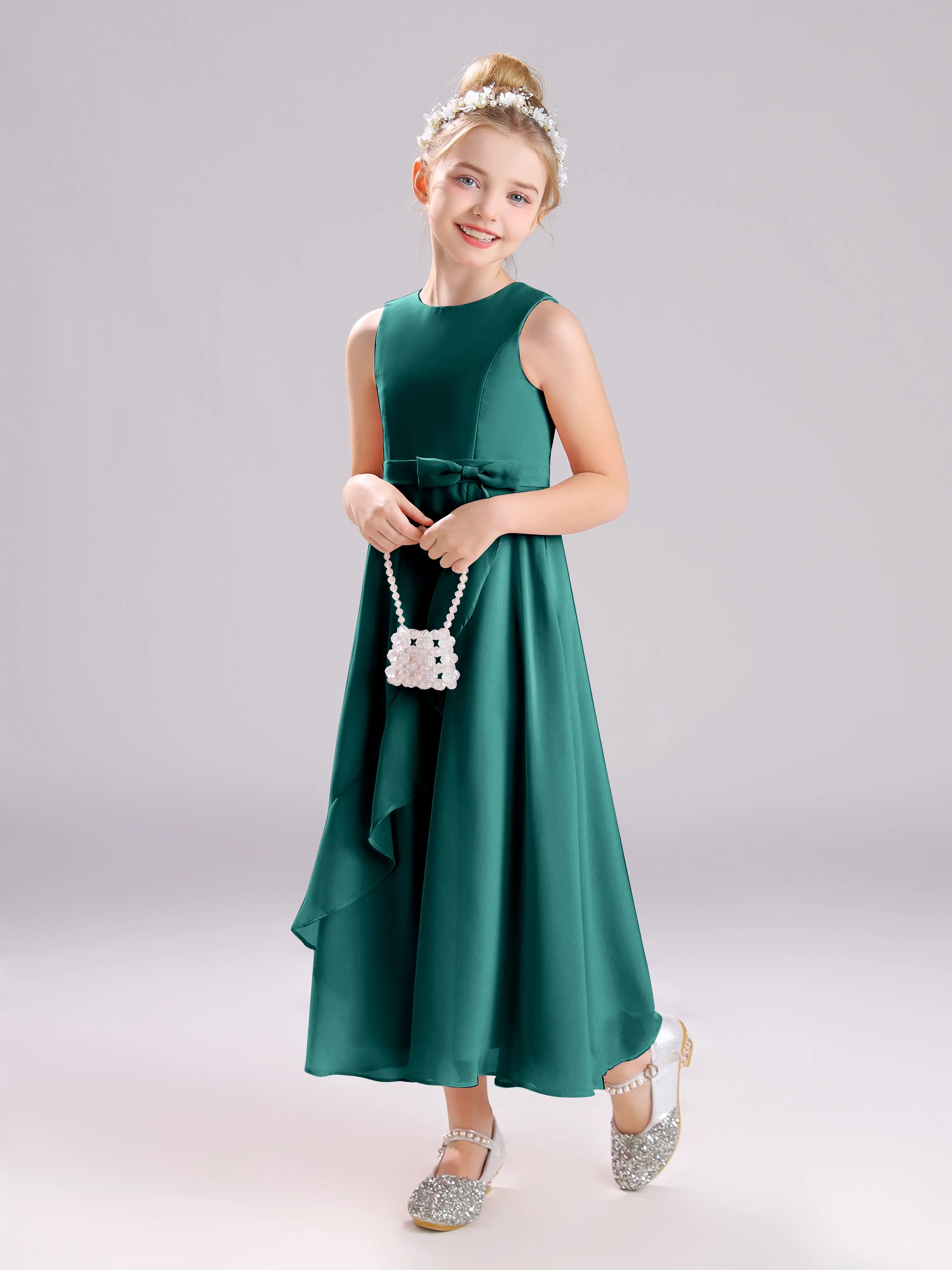 Sleeveless Jewel Long Bowknot Chiffon Junior Bridesmaid Dresses