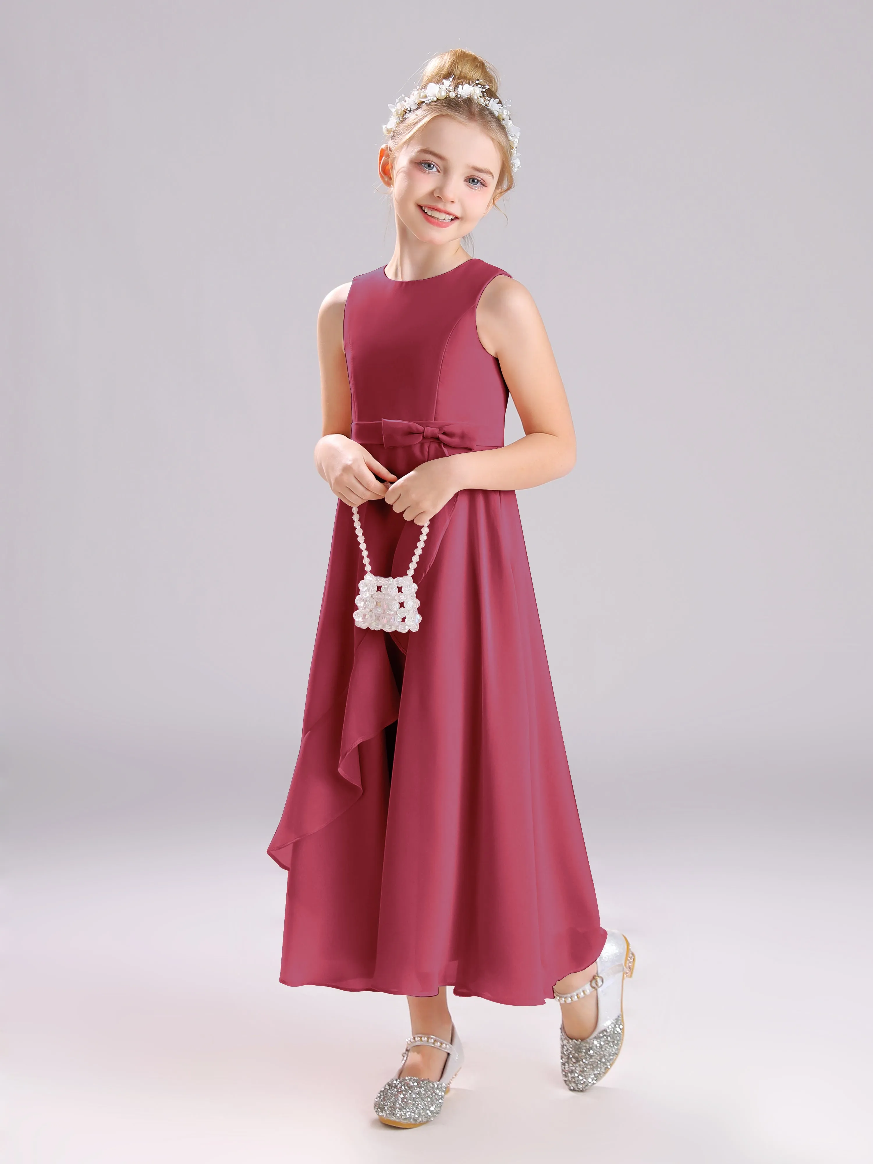 Sleeveless Jewel Long Bowknot Chiffon Junior Bridesmaid Dresses