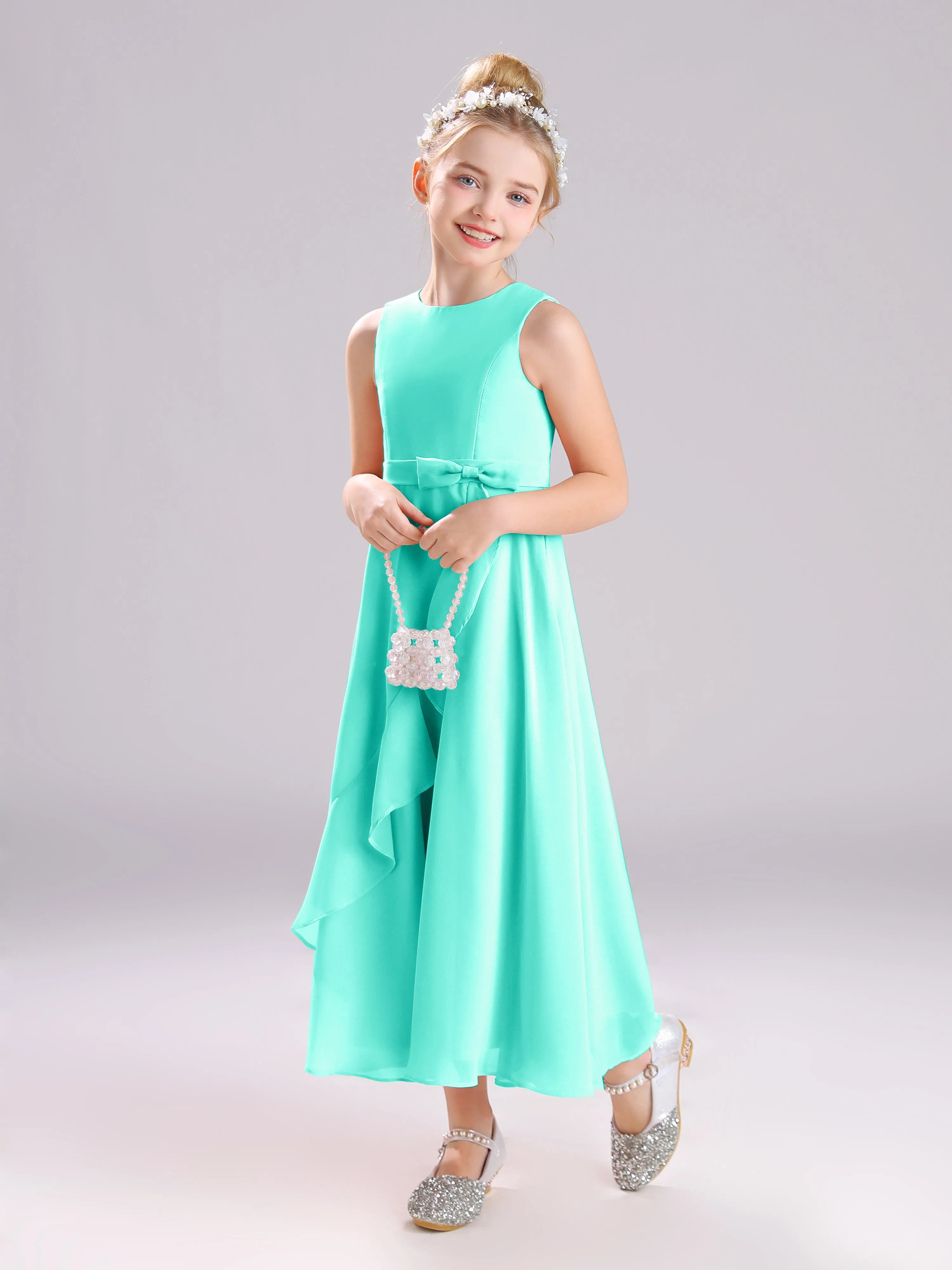 Sleeveless Jewel Long Bowknot Chiffon Junior Bridesmaid Dresses