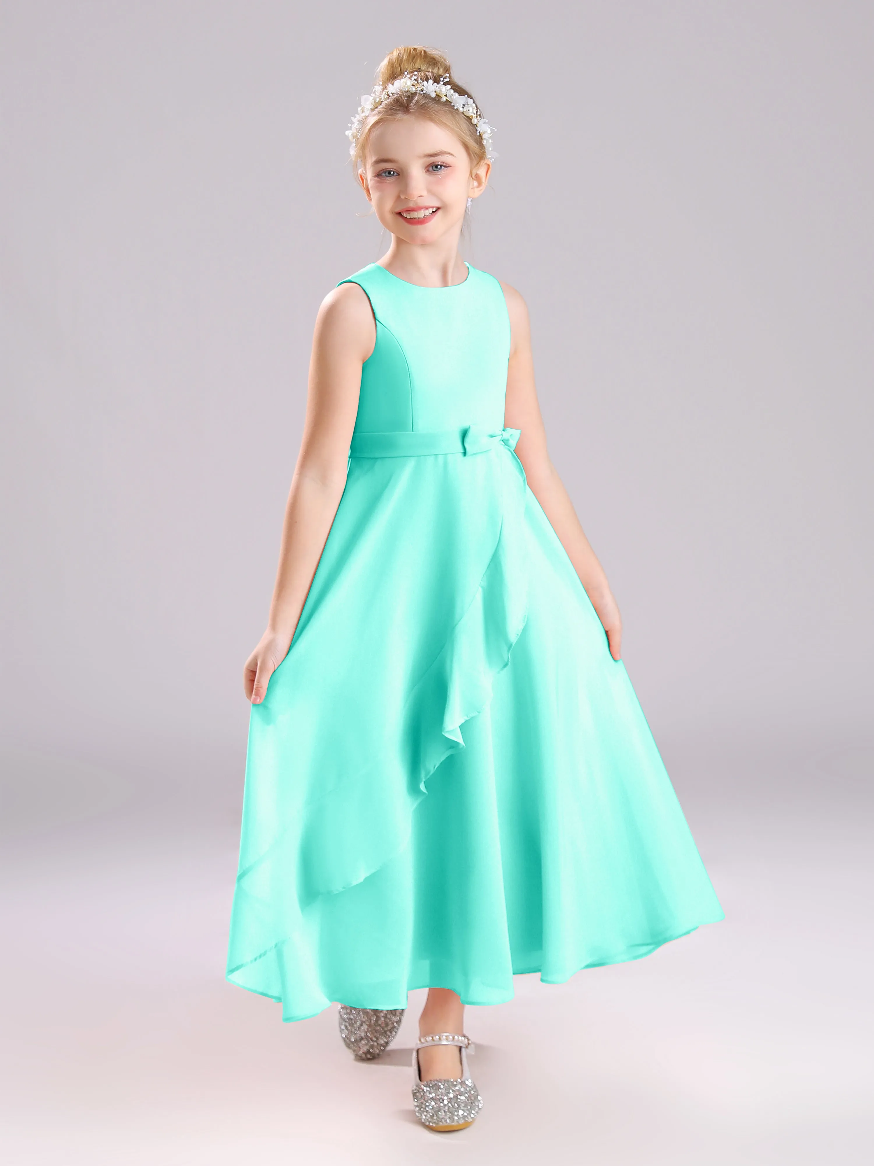 Sleeveless Jewel Long Bowknot Chiffon Junior Bridesmaid Dresses