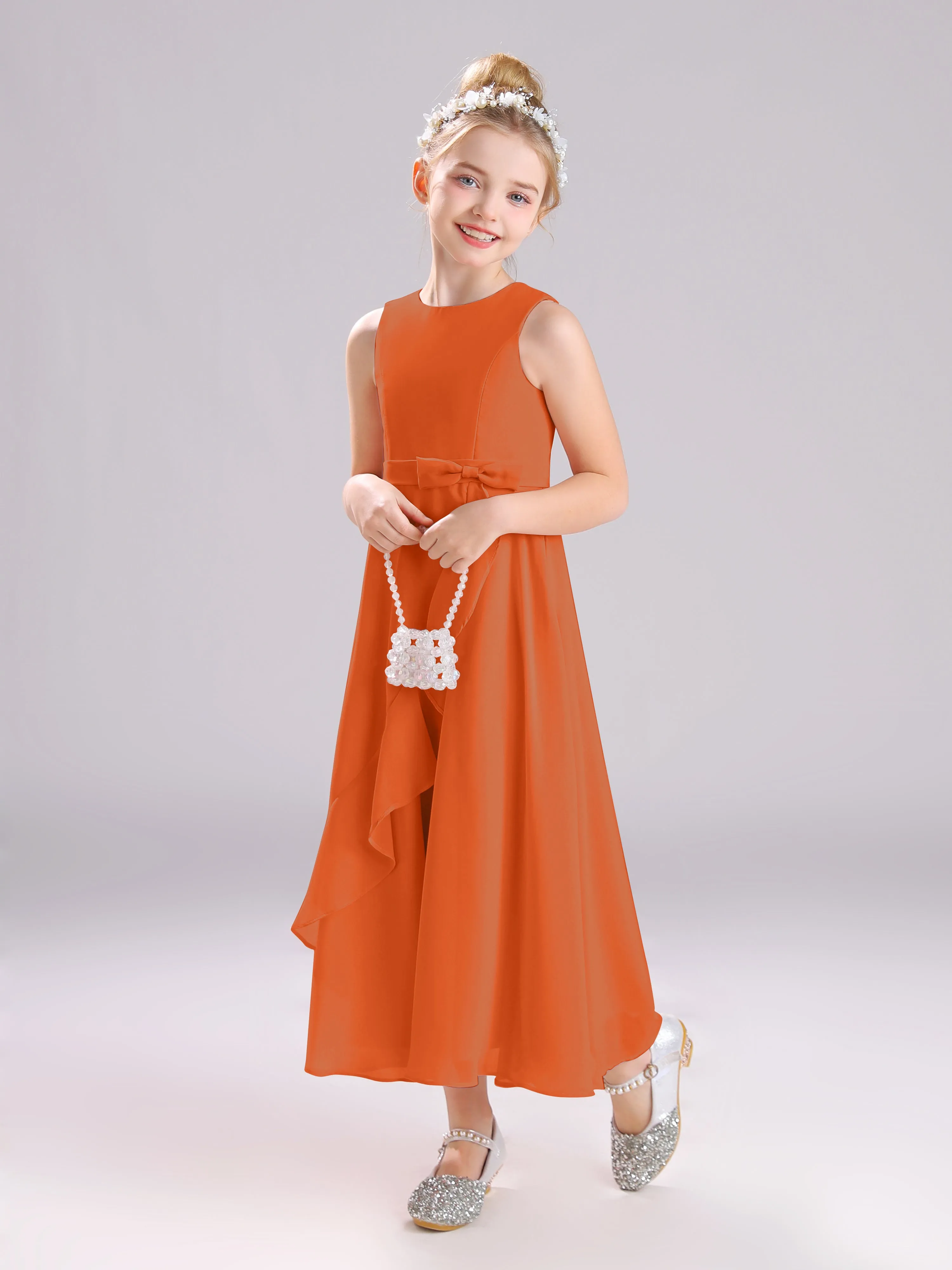 Sleeveless Jewel Long Bowknot Chiffon Junior Bridesmaid Dresses