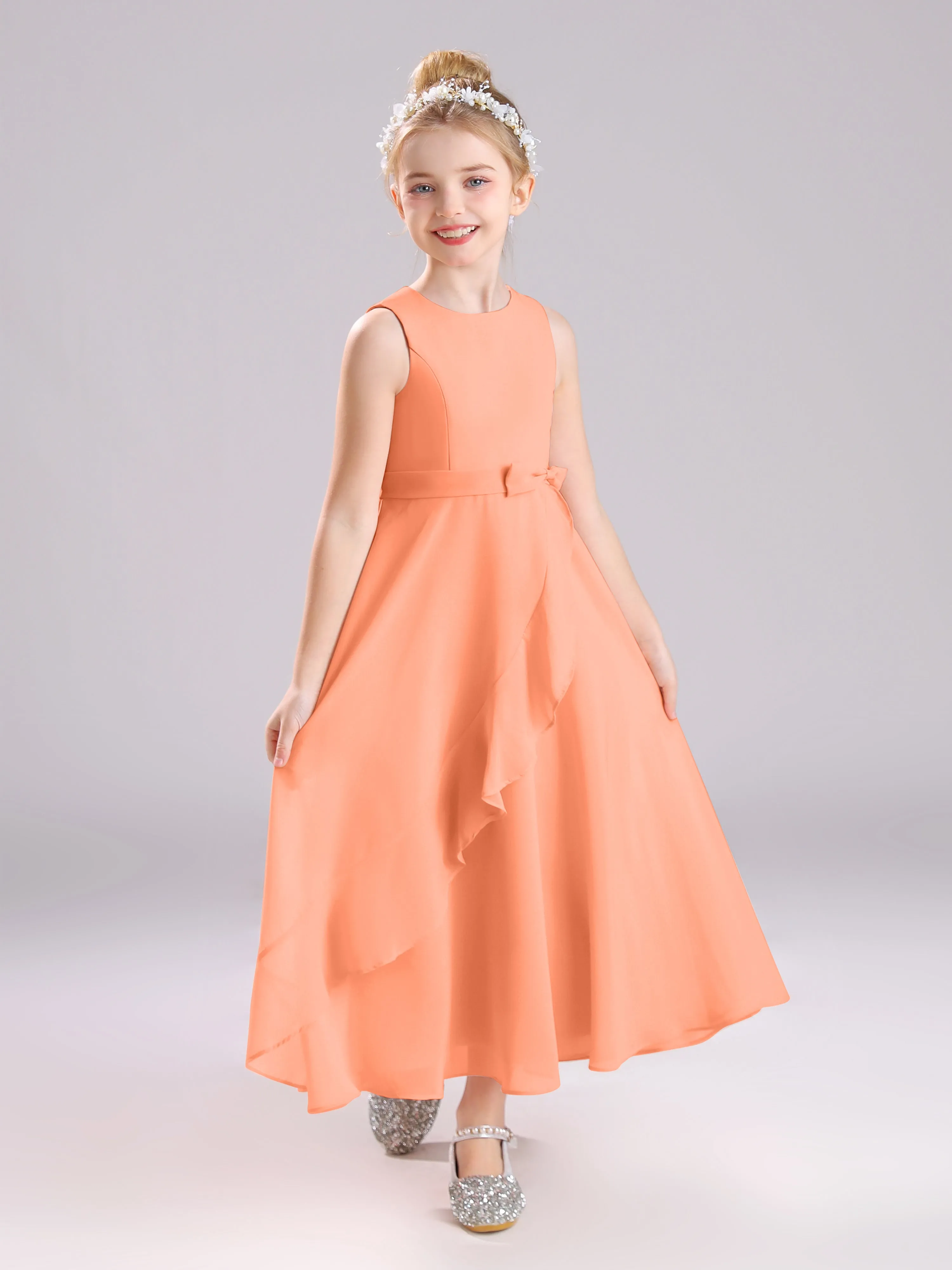 Sleeveless Jewel Long Bowknot Chiffon Junior Bridesmaid Dresses