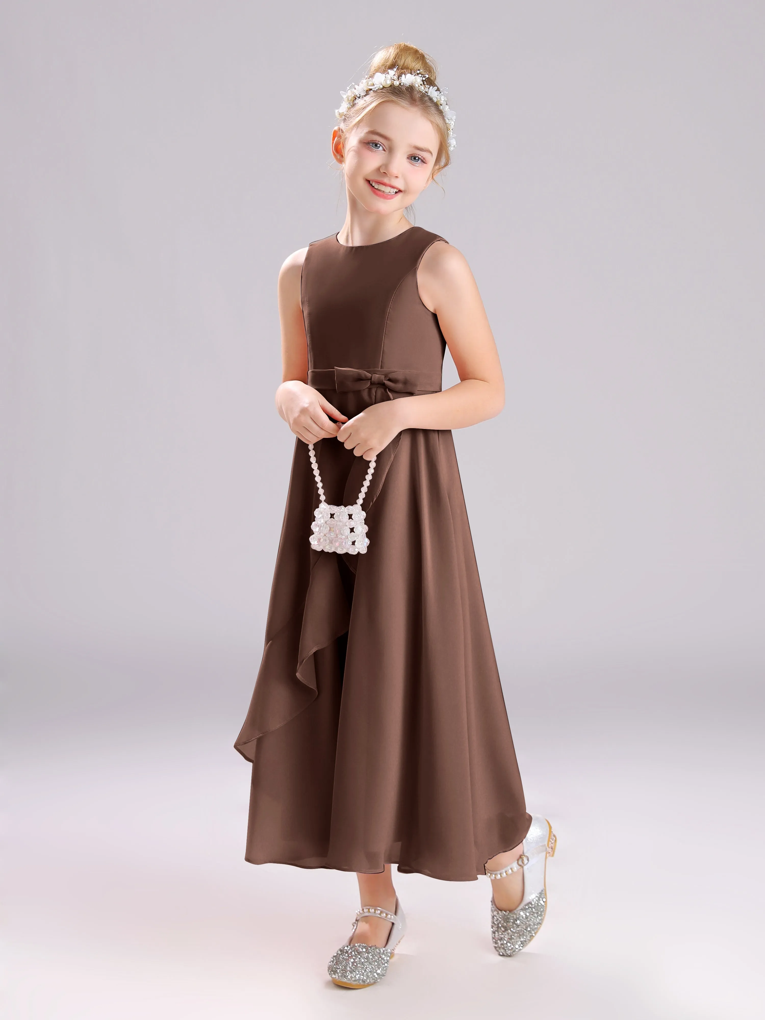 Sleeveless Jewel Long Bowknot Chiffon Junior Bridesmaid Dresses