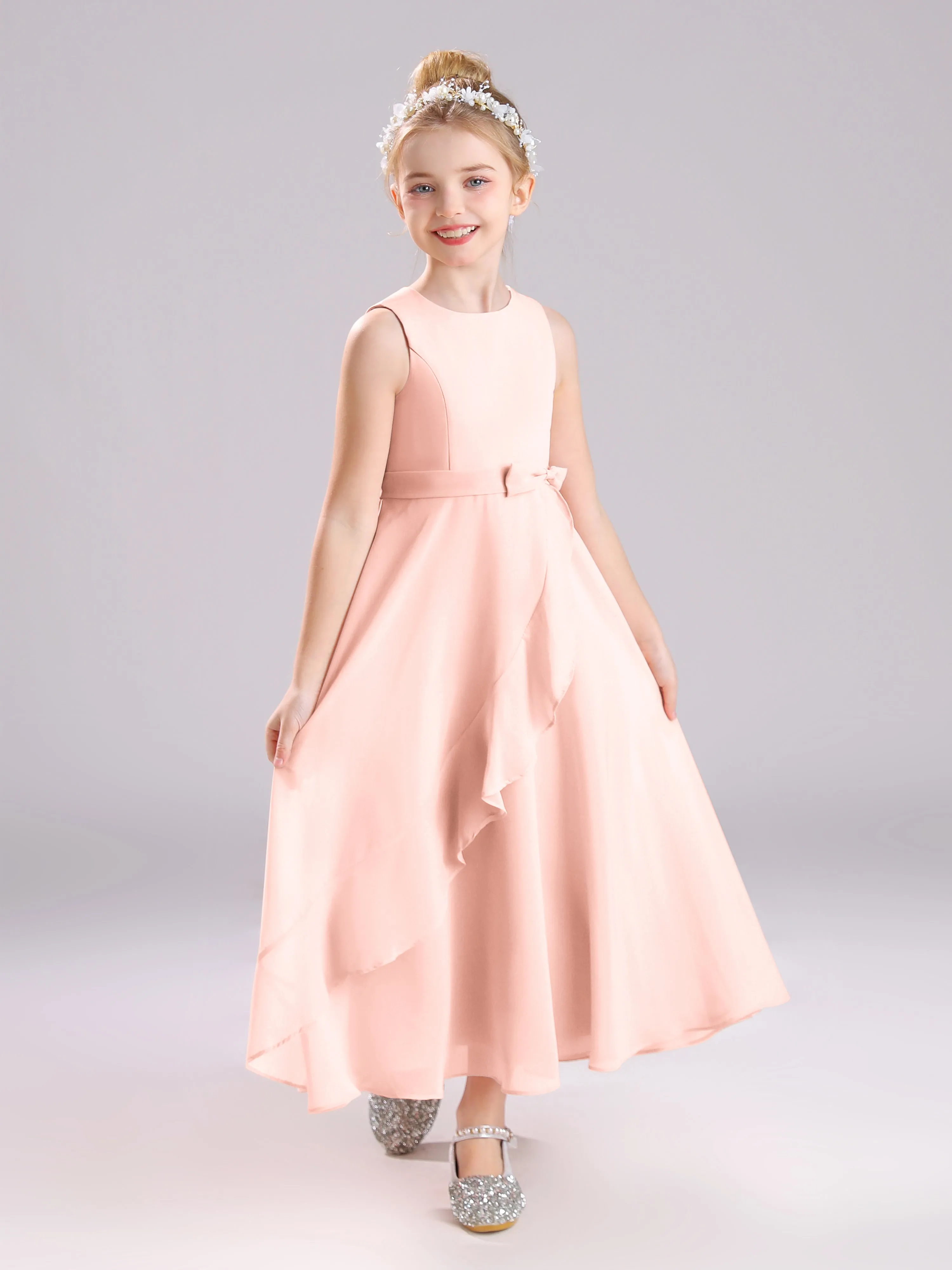 Sleeveless Jewel Long Bowknot Chiffon Junior Bridesmaid Dresses