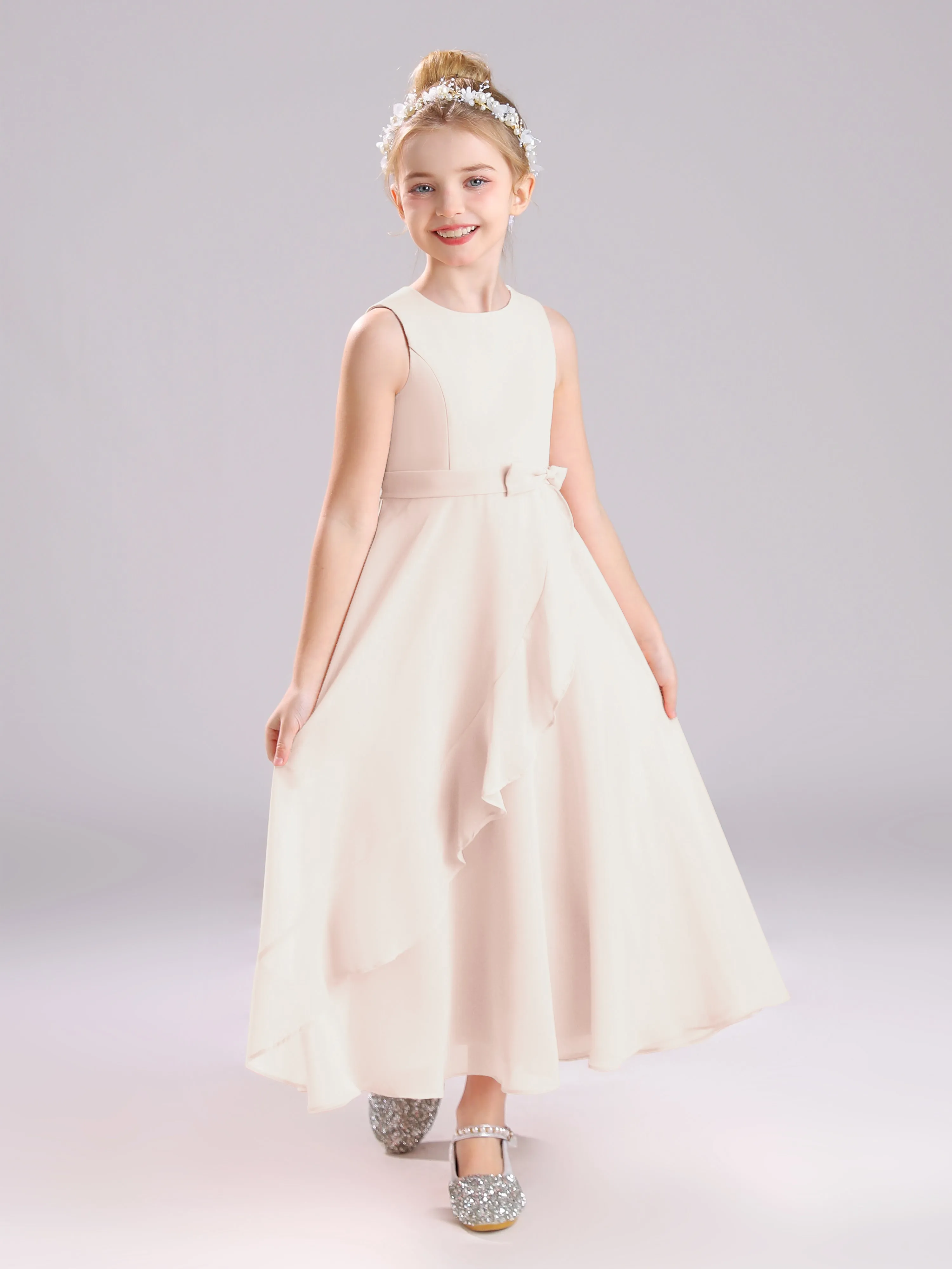 Sleeveless Jewel Long Bowknot Chiffon Junior Bridesmaid Dresses