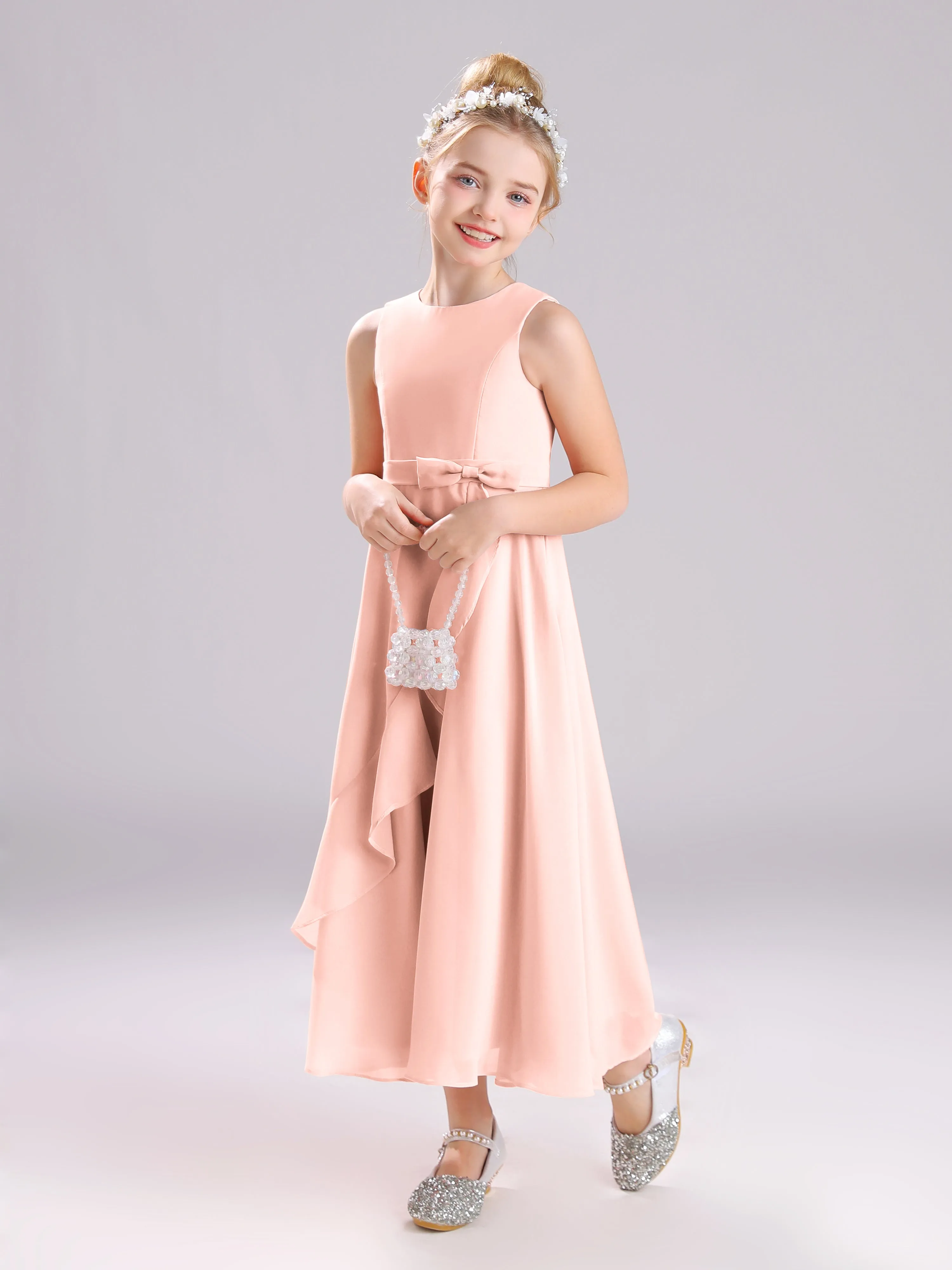 Sleeveless Jewel Long Bowknot Chiffon Junior Bridesmaid Dresses