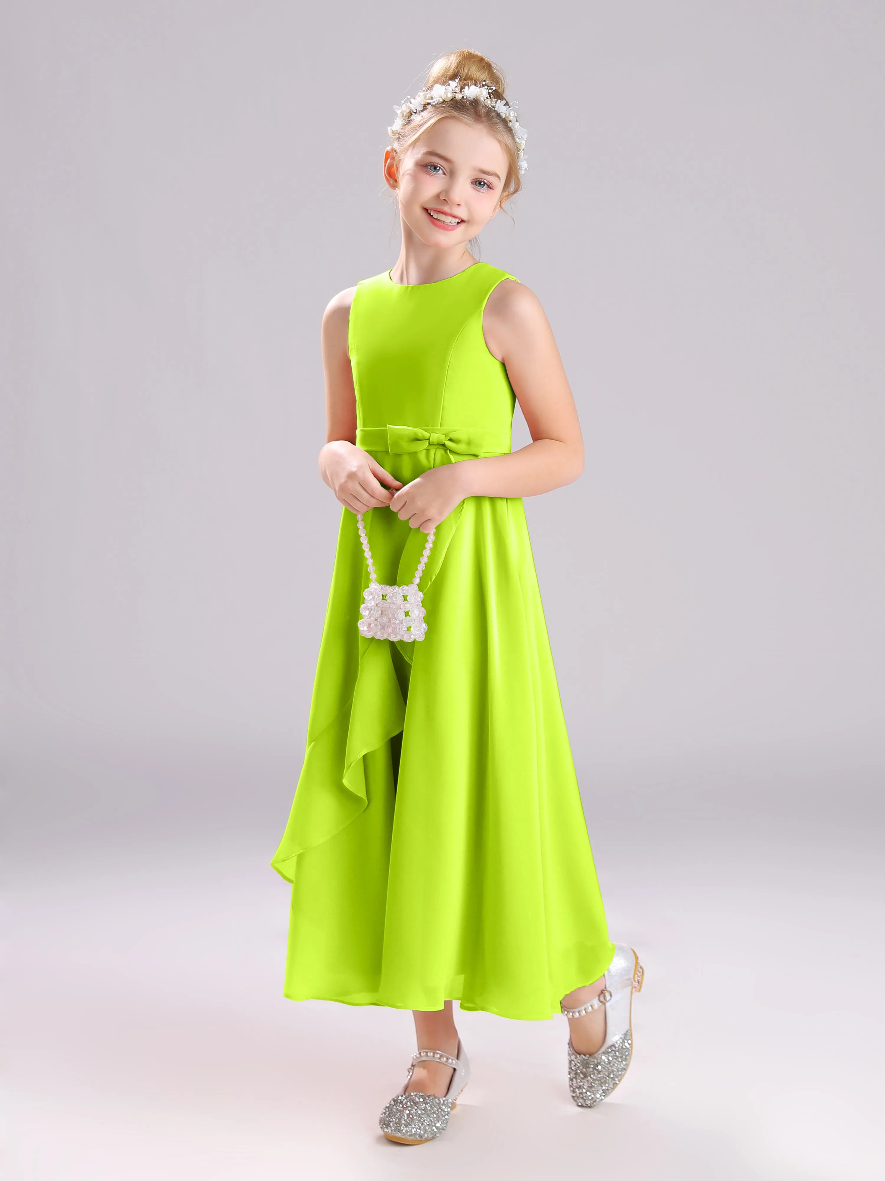 Sleeveless Jewel Long Bowknot Chiffon Junior Bridesmaid Dresses