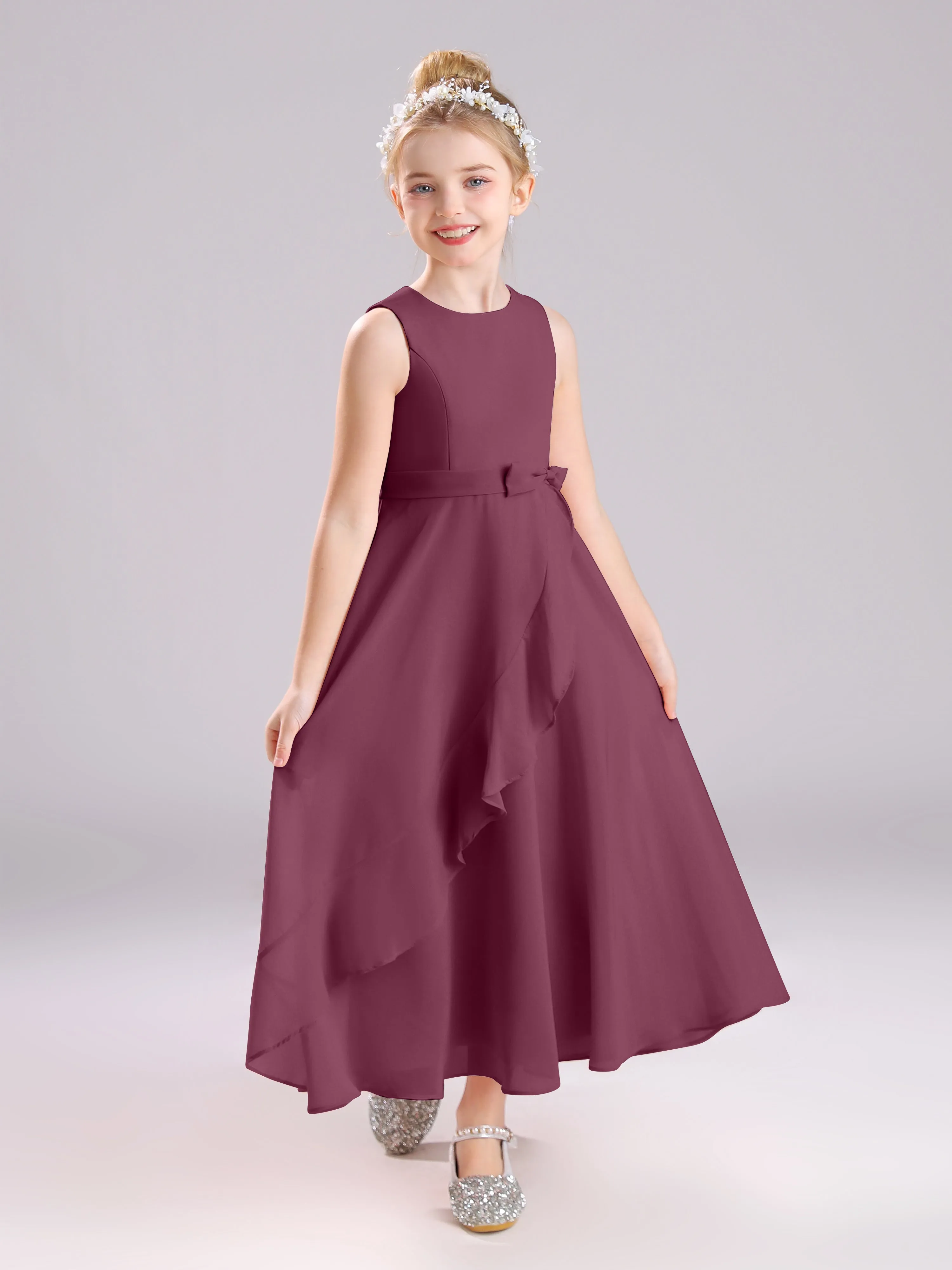 Sleeveless Jewel Long Bowknot Chiffon Junior Bridesmaid Dresses