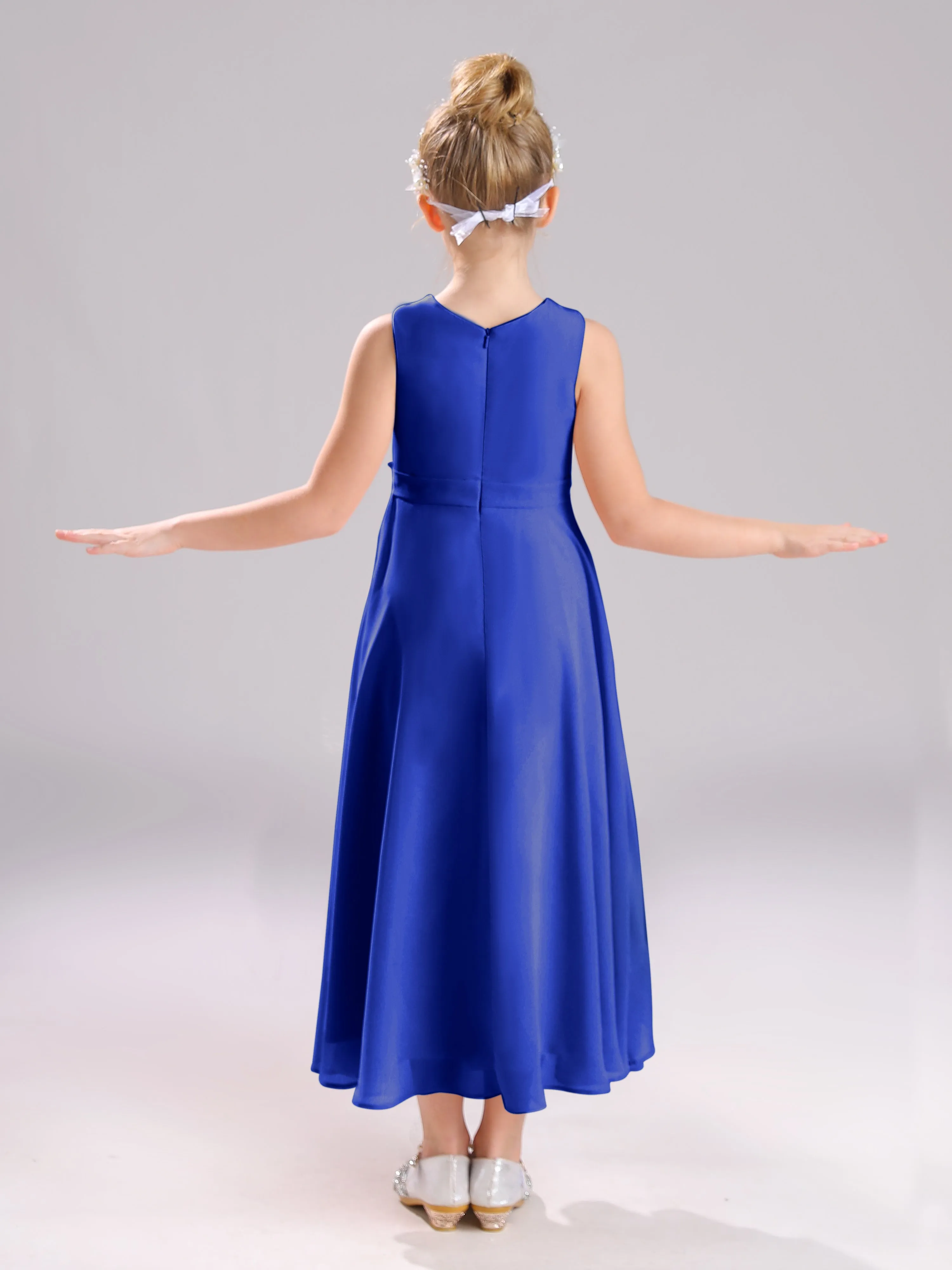 Sleeveless Jewel Long Bowknot Chiffon Junior Bridesmaid Dresses