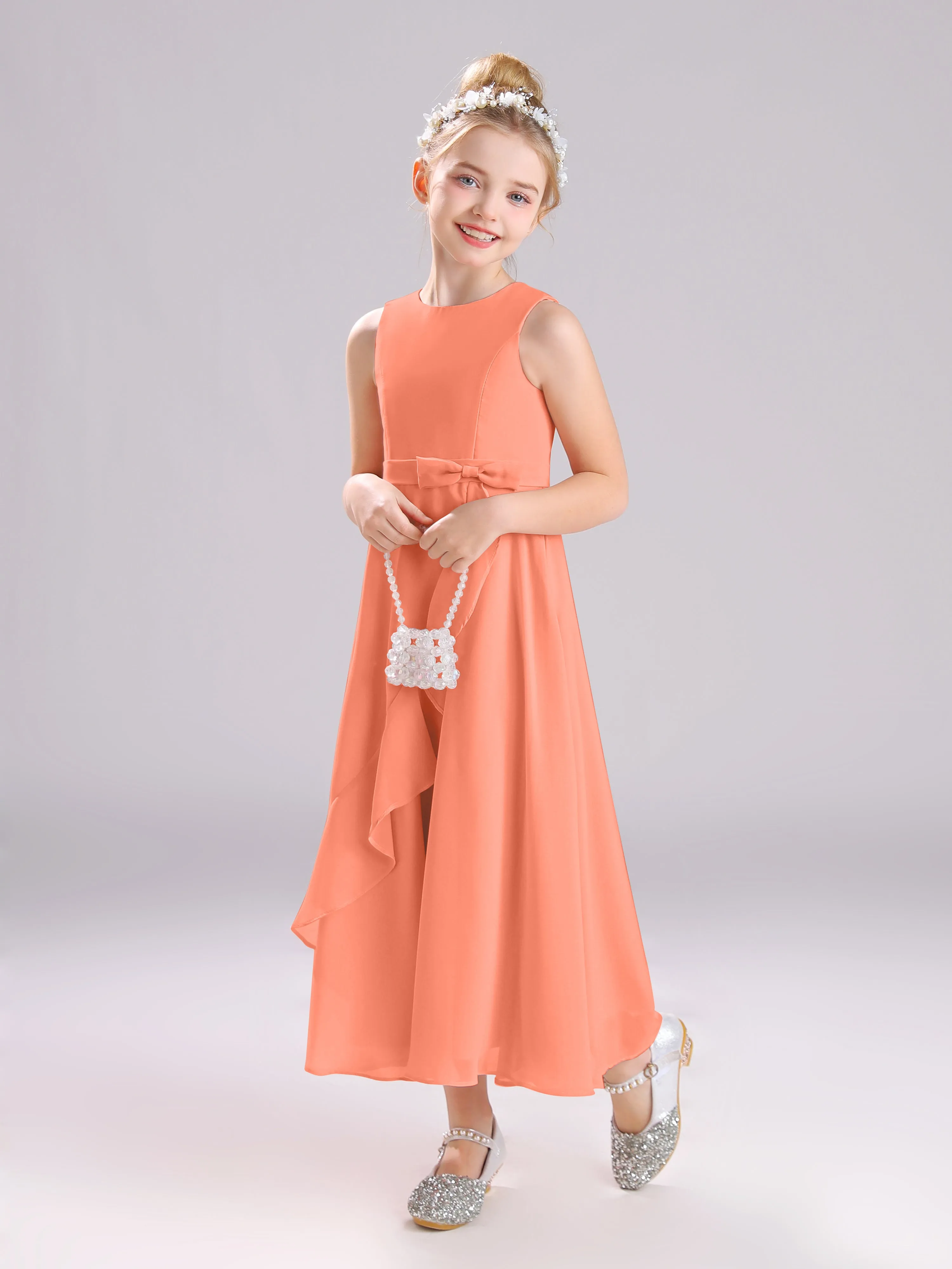 Sleeveless Jewel Long Bowknot Chiffon Junior Bridesmaid Dresses