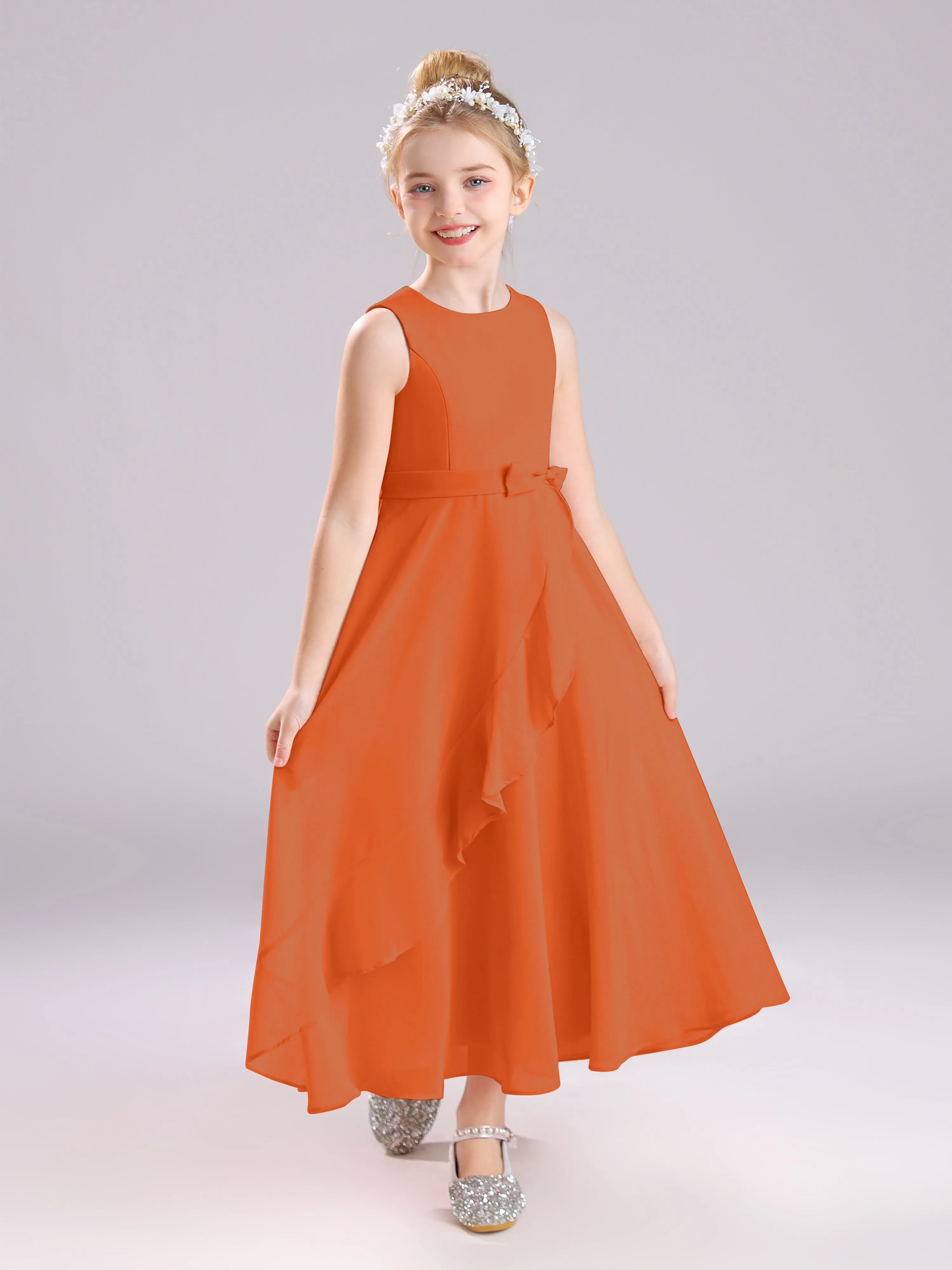 Sleeveless Jewel Long Bowknot Chiffon Junior Bridesmaid Dresses