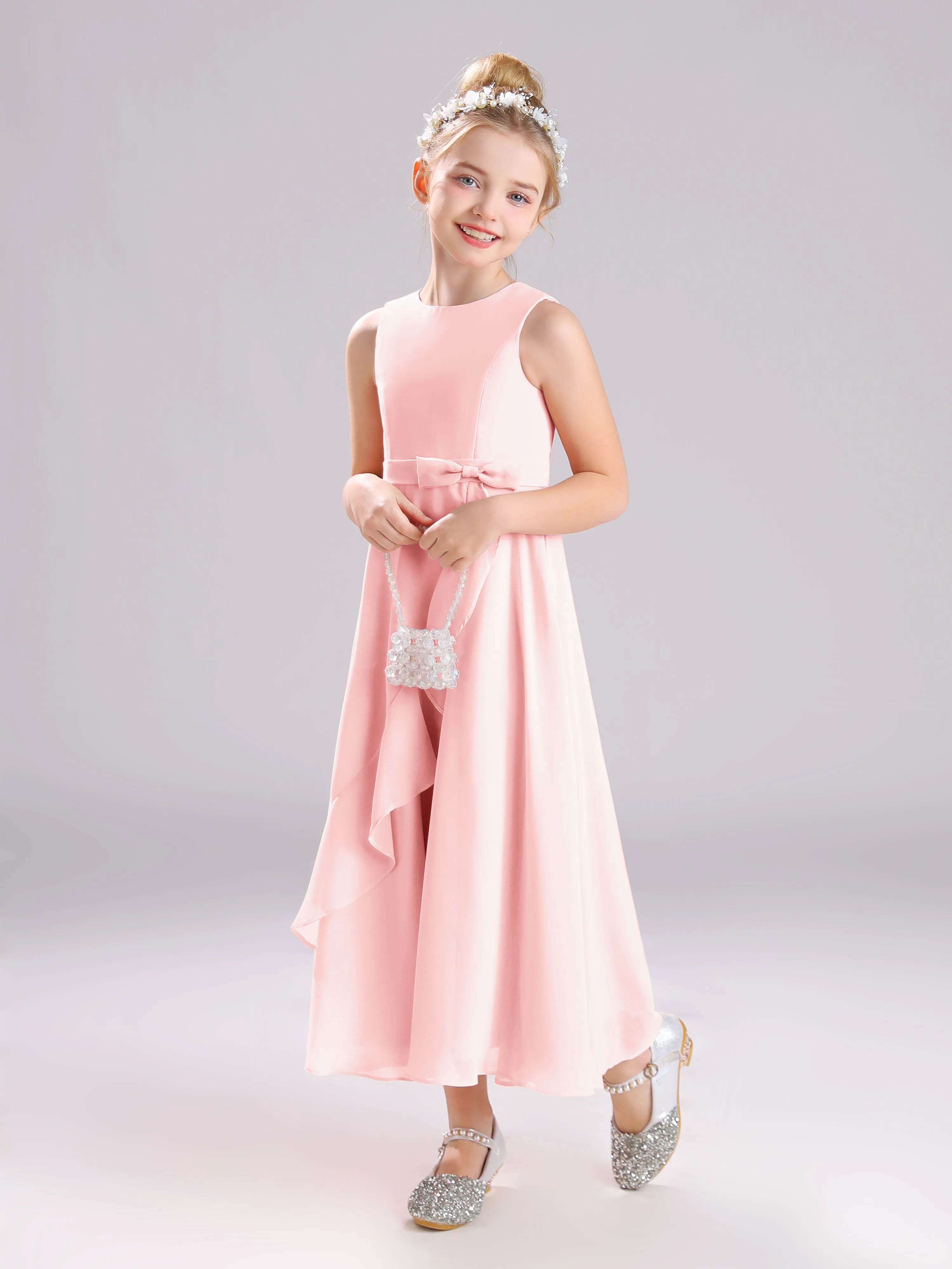 Sleeveless Jewel Long Bowknot Chiffon Junior Bridesmaid Dresses