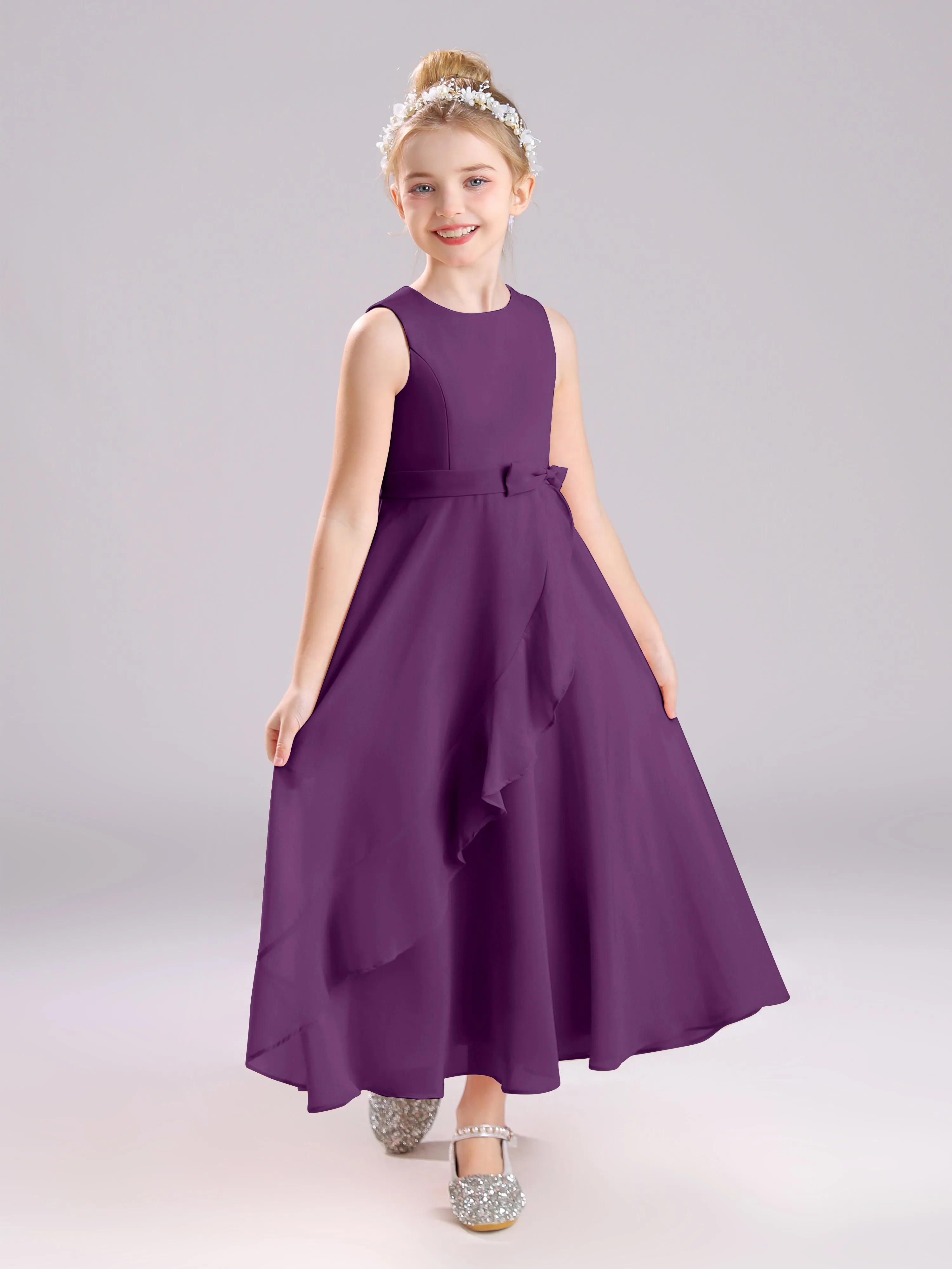 Sleeveless Jewel Long Bowknot Chiffon Junior Bridesmaid Dresses