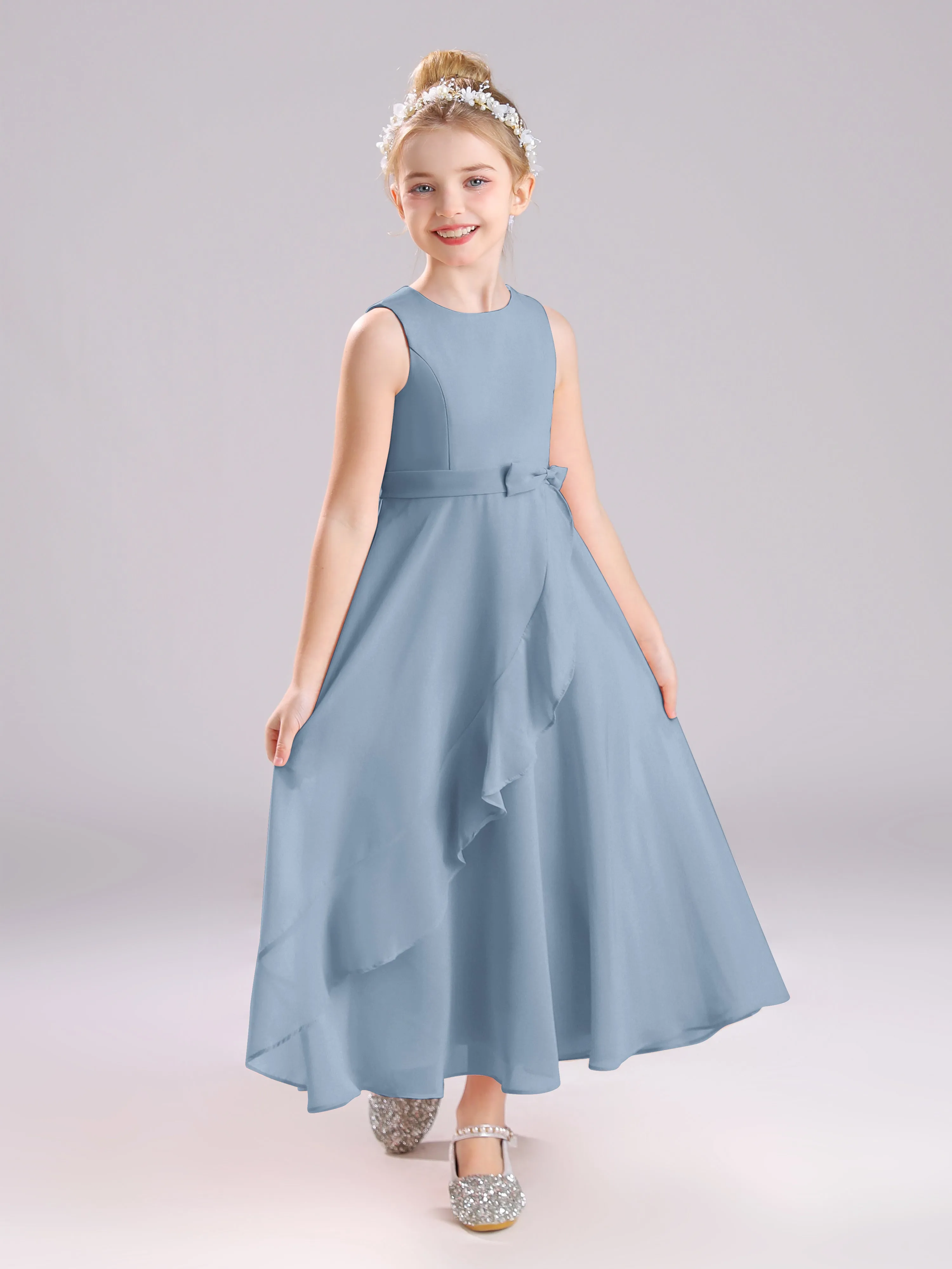 Sleeveless Jewel Long Bowknot Chiffon Junior Bridesmaid Dresses