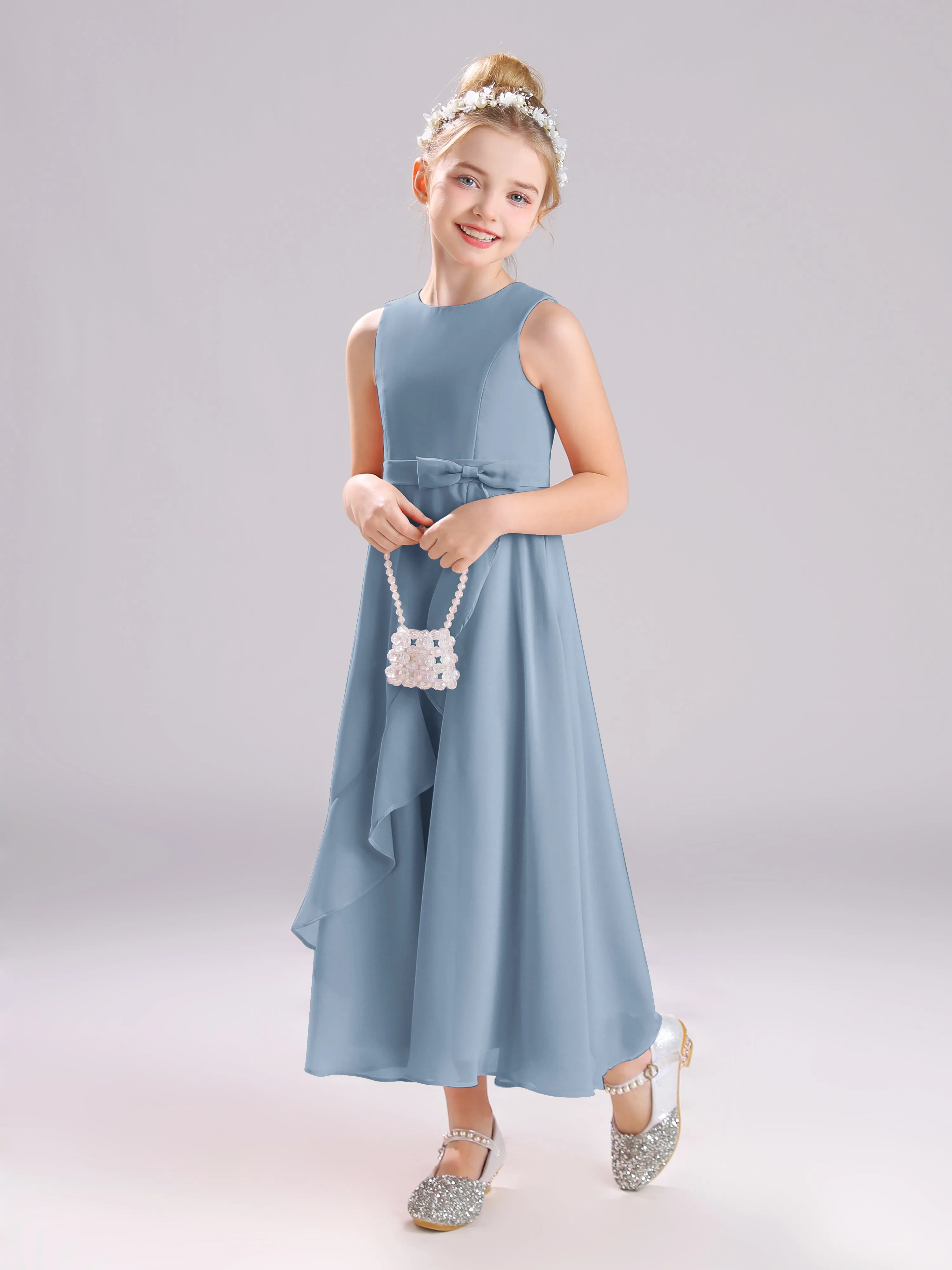 Sleeveless Jewel Long Bowknot Chiffon Junior Bridesmaid Dresses