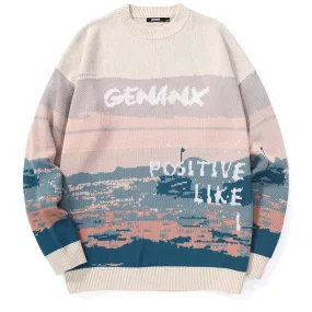 Sunset Letter Jacquard Crew Neck Sweater