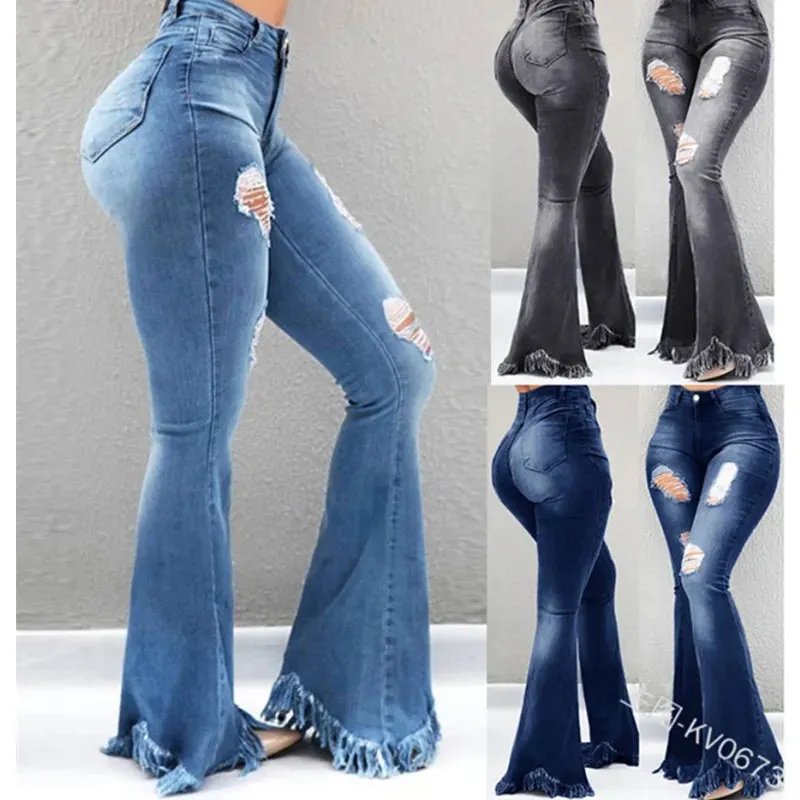 Trendy Flare Boot Cut Ruffle Denim Jeans