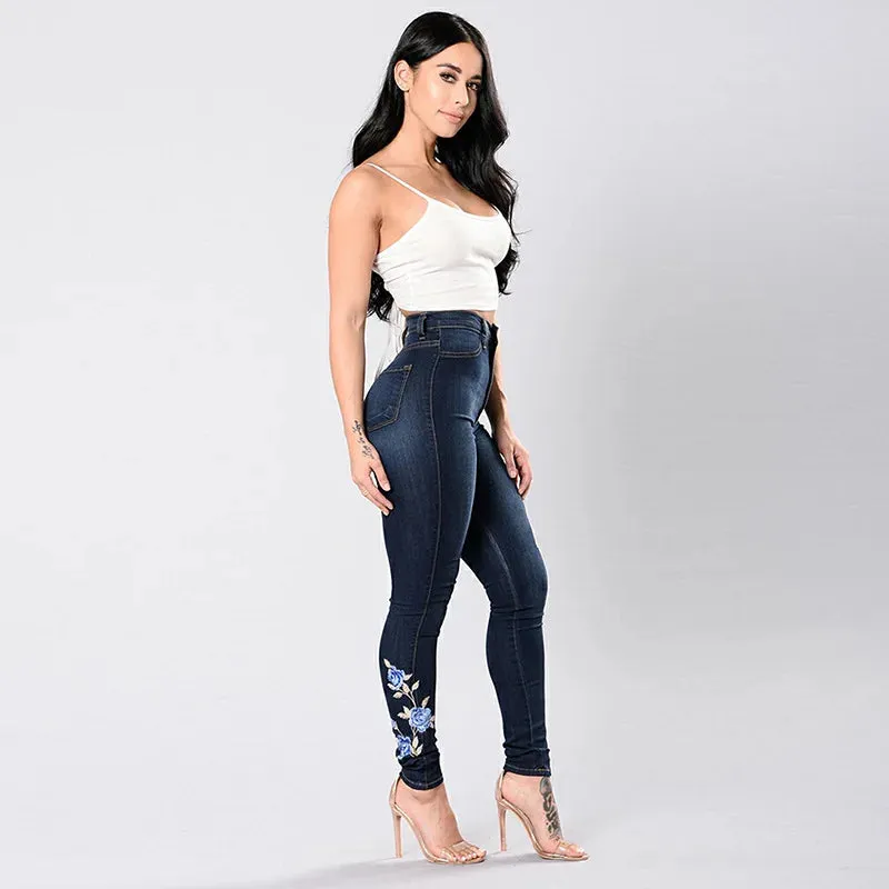 Trendy High Waist Floral Embroidered Denim Blue Jeans