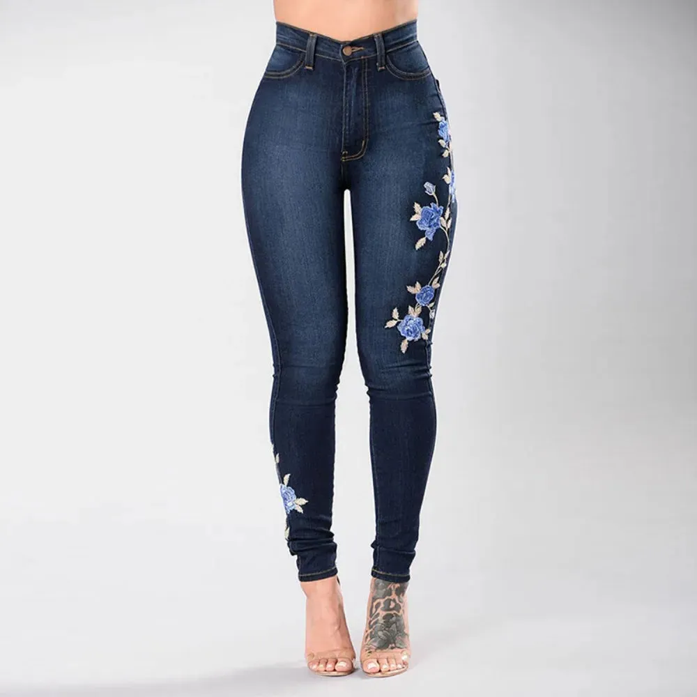 Trendy High Waist Floral Embroidered Denim Blue Jeans