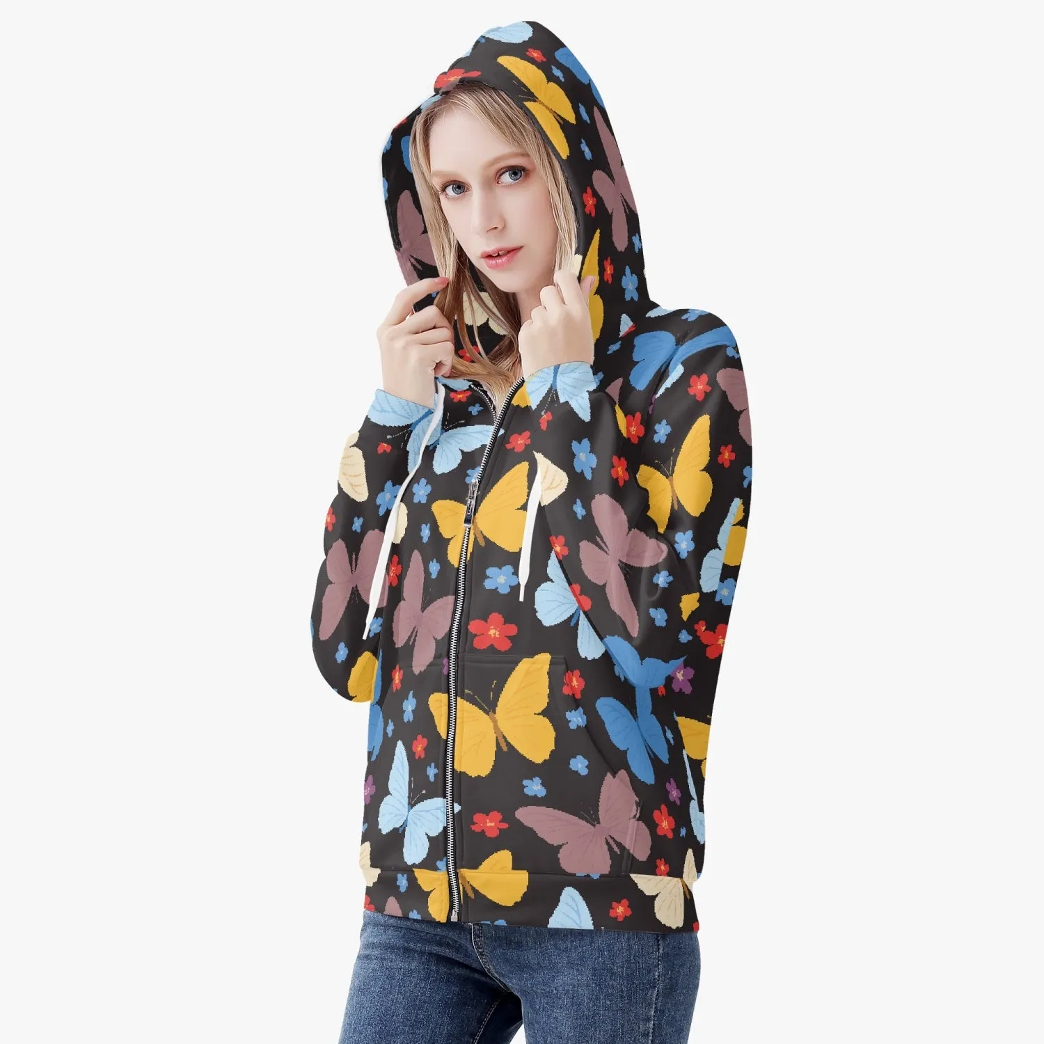 Veste à capuche zippée AOP pour femme "Noir, Papillons multicolores" (221)