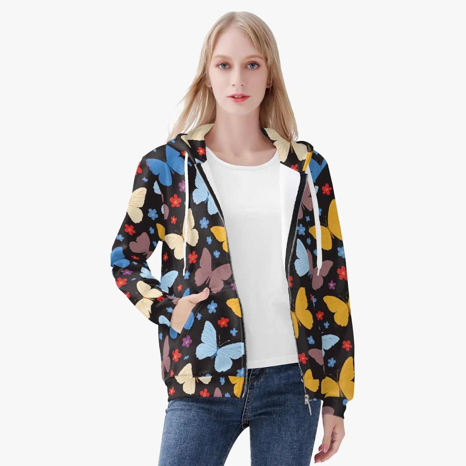 Veste à capuche zippée AOP pour femme "Noir, Papillons multicolores" (221)