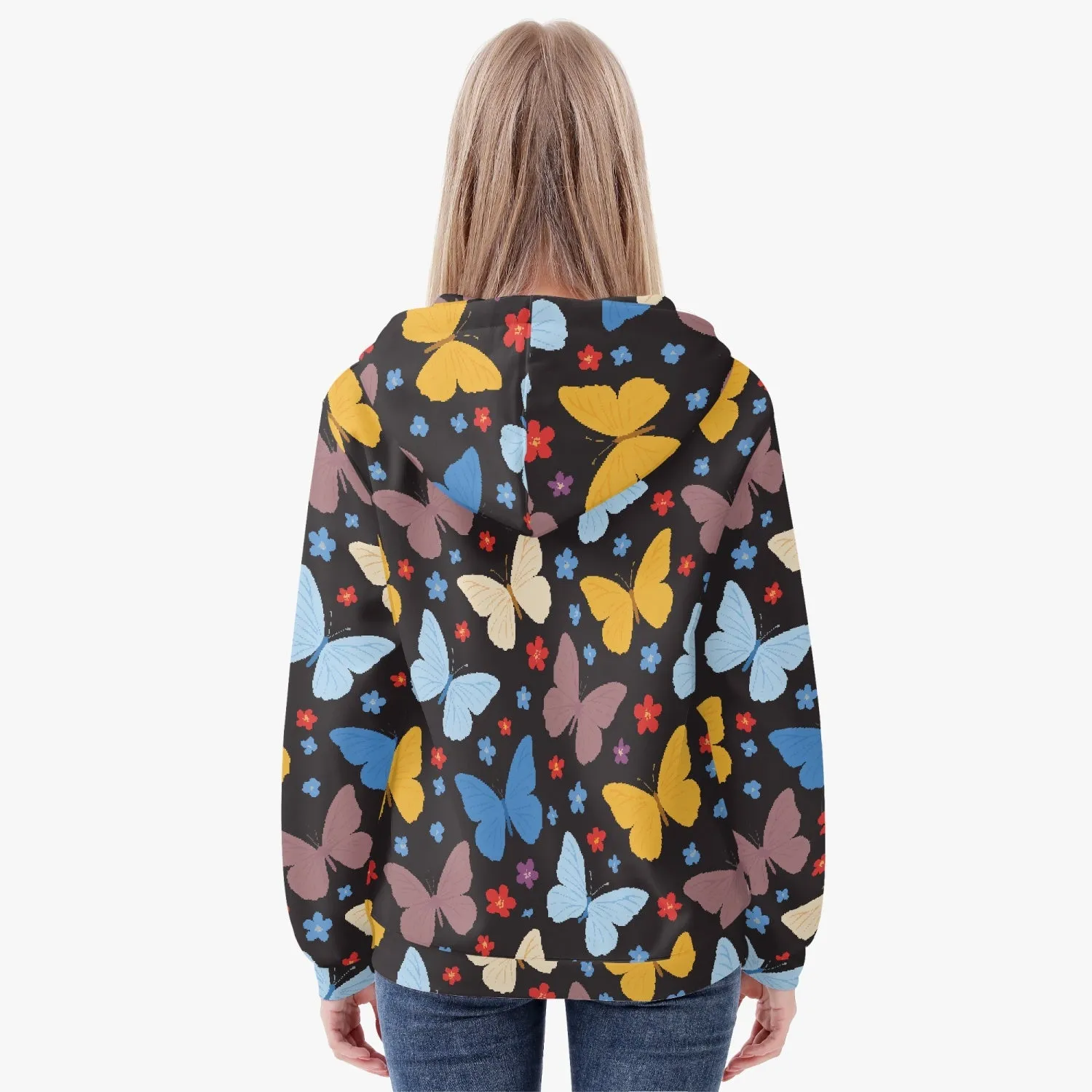 Veste à capuche zippée AOP pour femme "Noir, Papillons multicolores" (221)