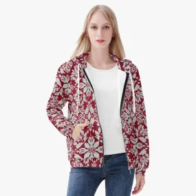 Veste à capuche zippée AOP pour femme "Rouge, fleurs blanches" (221)