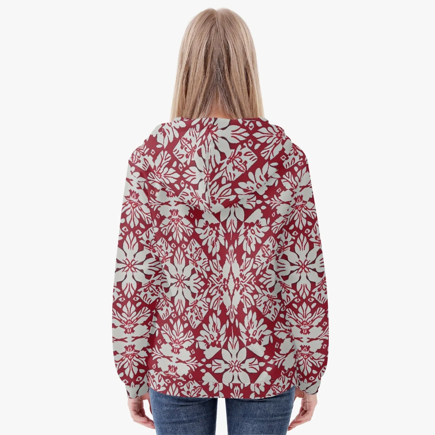 Veste à capuche zippée AOP pour femme "Rouge, fleurs blanches" (221)