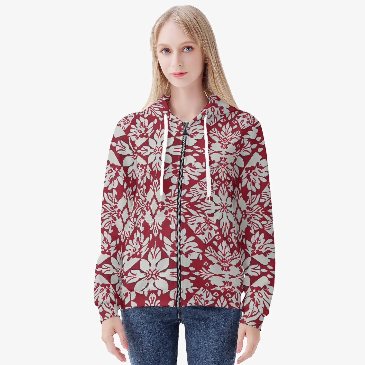 Veste à capuche zippée AOP pour femme "Rouge, fleurs blanches" (221)