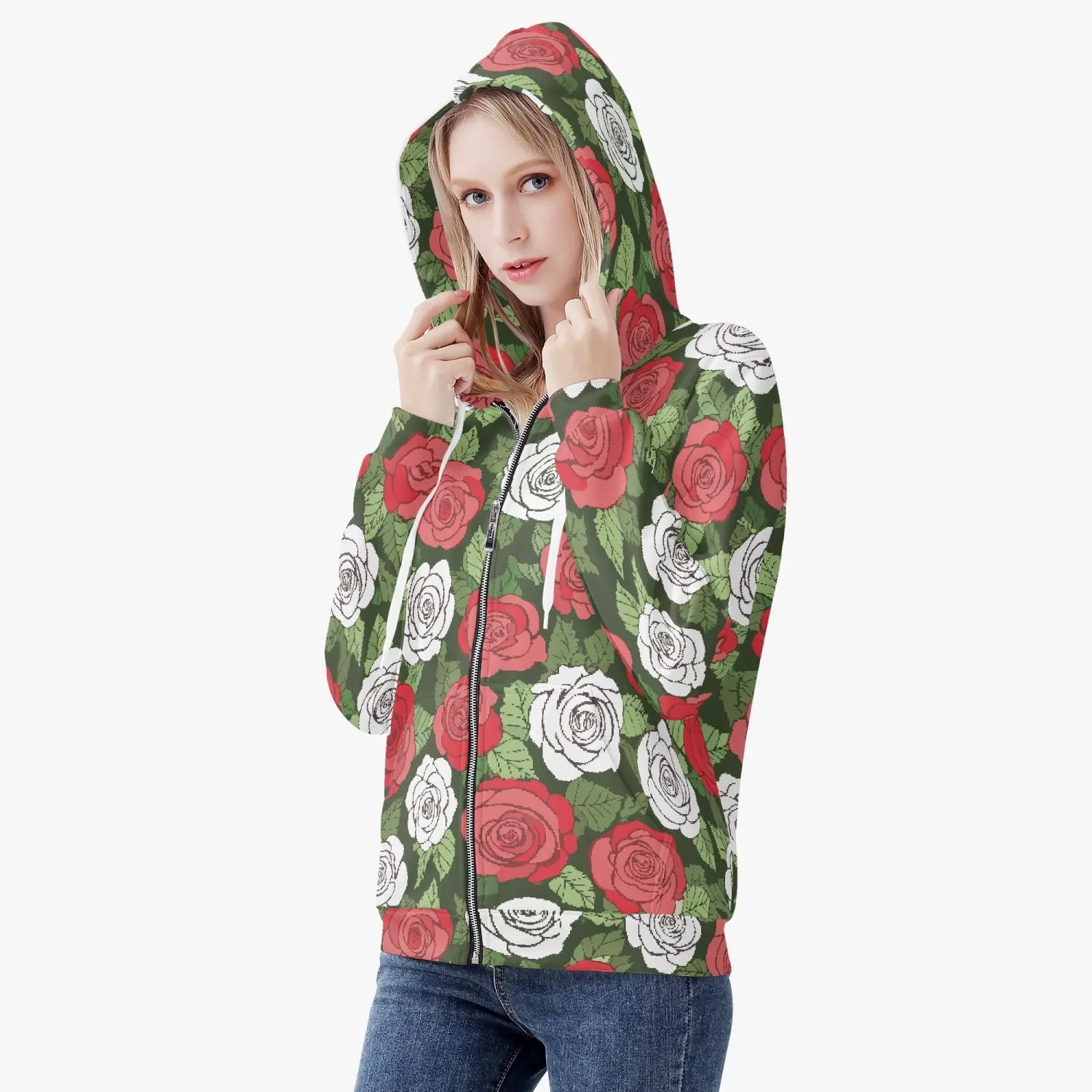 Veste à capuche zippée AOP pour femme "Verte, Roses rouges et blanches" (221)