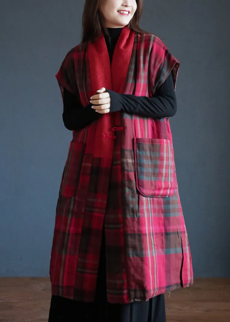 Vogue Red V Neck Plaid Button Warm Fleece Waistcoat Winter