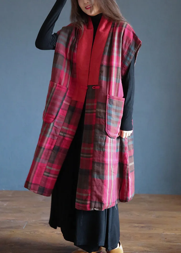 Vogue Red V Neck Plaid Button Warm Fleece Waistcoat Winter