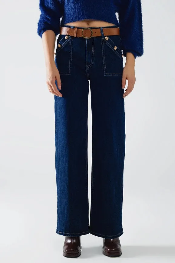 Wide Leg Jeans with 3 Button Detail