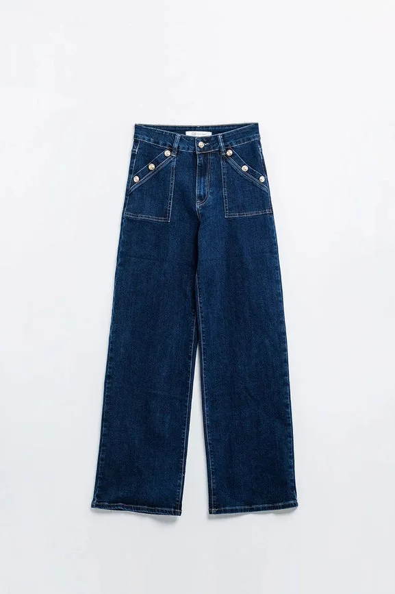 Wide Leg Jeans with 3 Button Detail