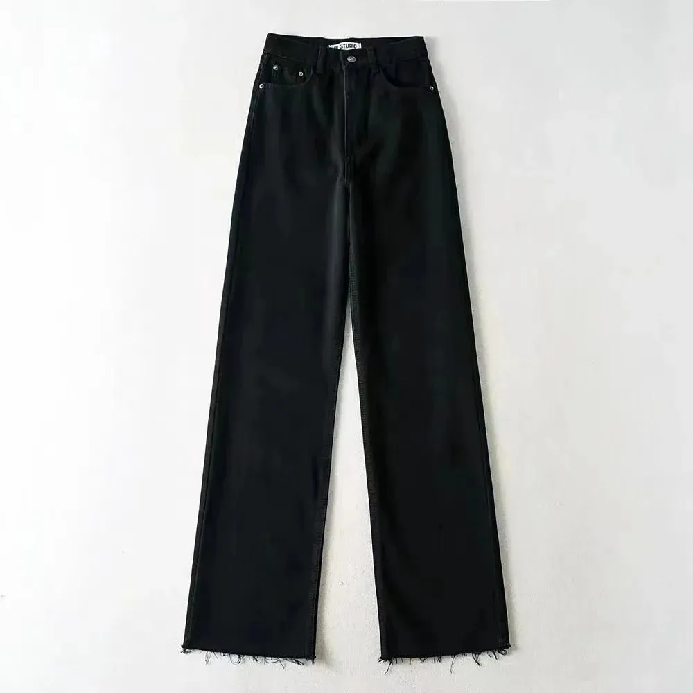 Women's High Waist Raw Edge Tassel Straight Jeans Y2K Streetwear