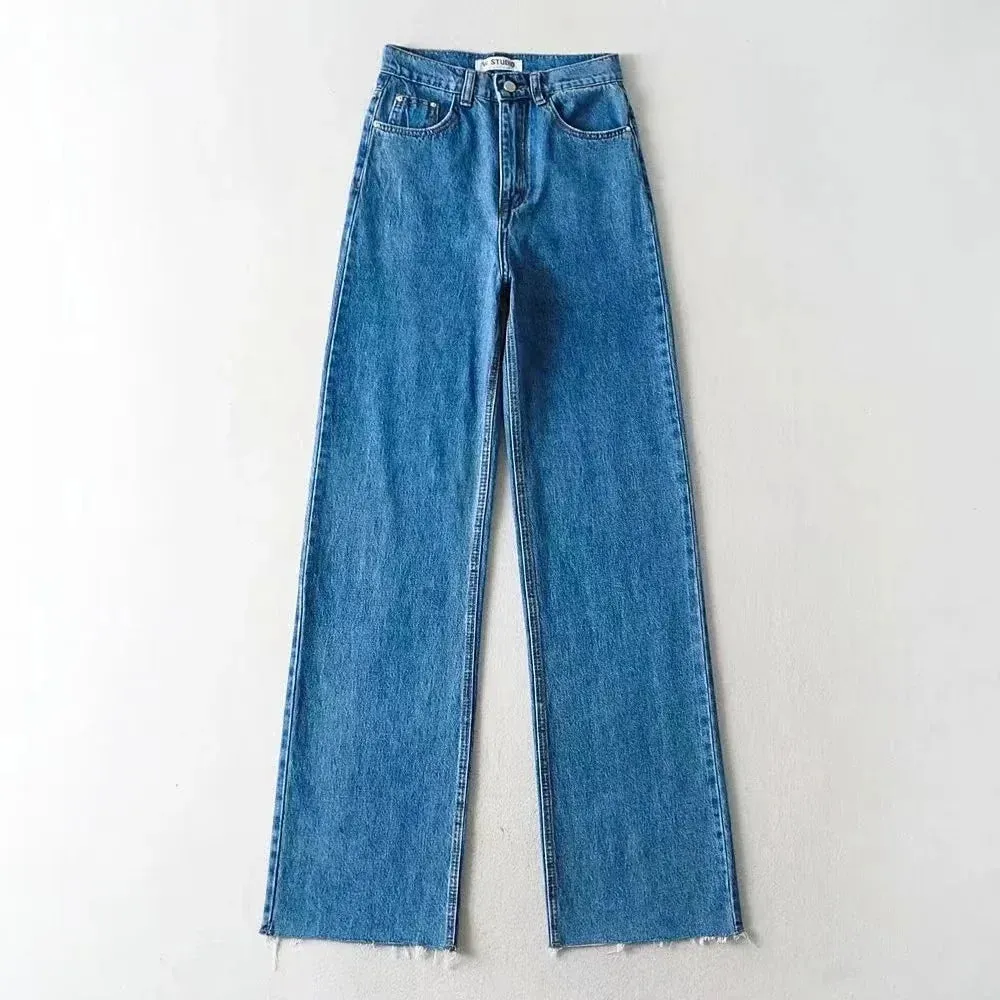 Women's High Waist Raw Edge Tassel Straight Jeans Y2K Streetwear